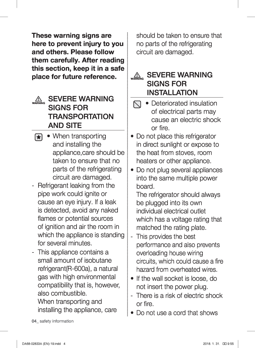 Samsung RB31FEJNCSS/EF, RL56GHGMG1/XEF manual Severe Warning Warning Signs For Installation, Transportation And Site 