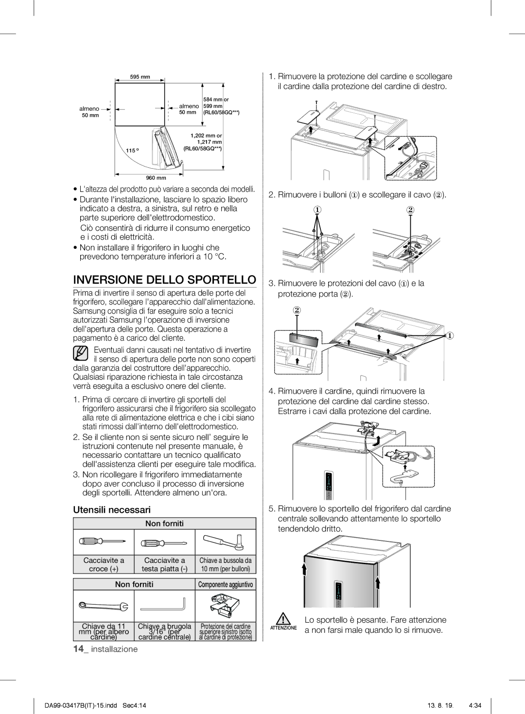 Samsung RL56GSBSW1/XEF, RL56GHGMG1/XEF, RL56GSBIH1/XEF, RL56GSBVB1/XEF manual Inversione Dello Sportello, Utensili necessari 