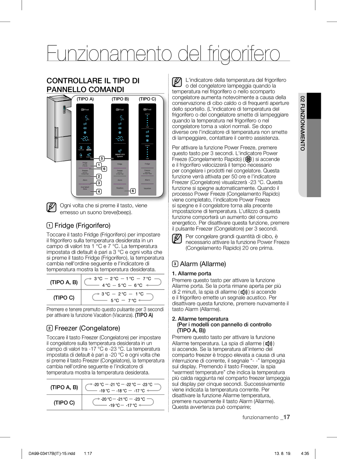 Samsung RL56GSBMG1/XEF manual Funzionamento del frigorifero, Controllare IL Tipo DI Pannello Comandi, Fridge Frigorifero 