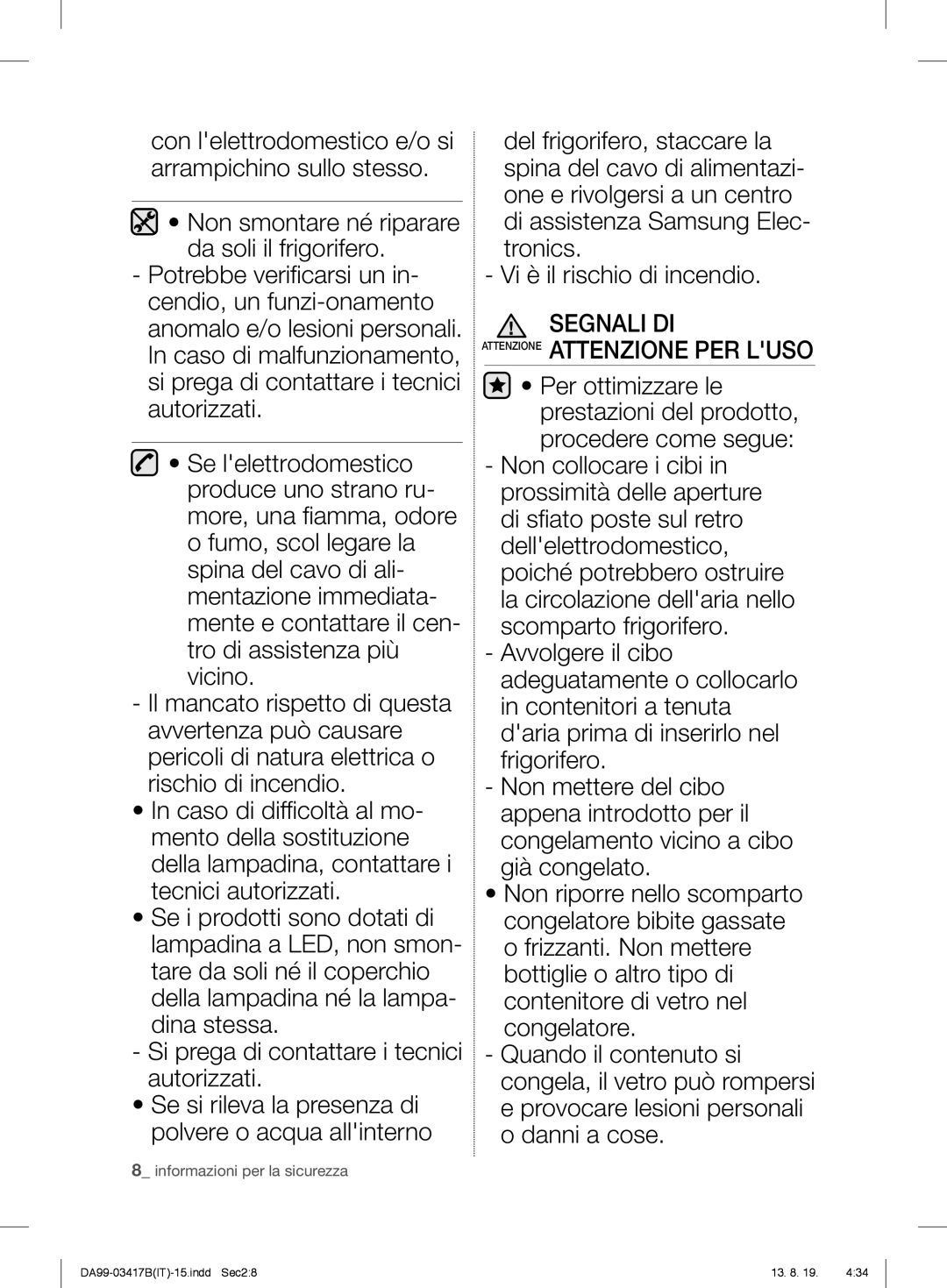 Samsung RL60GHGVB1/XEF, RL56GHGMG1/XEF, RL56GSBIH1/XEF, RL56GSBVB1/XEF manual Segnali DI Attenzione Attenzione PER Luso 