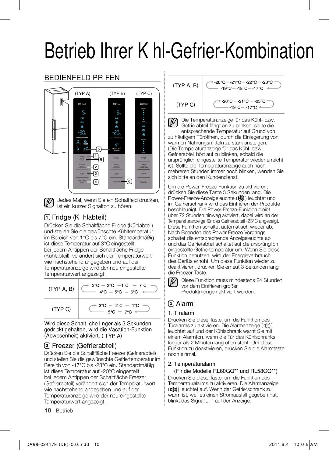 Samsung RL63GQESW1/XEF, RL56GHGMG1/XEF, RL60GLBSW1/XEF Bedienfeld Prüfen, Fridge Kühlabteil, Freezer Gefrierabteil, Alarm 