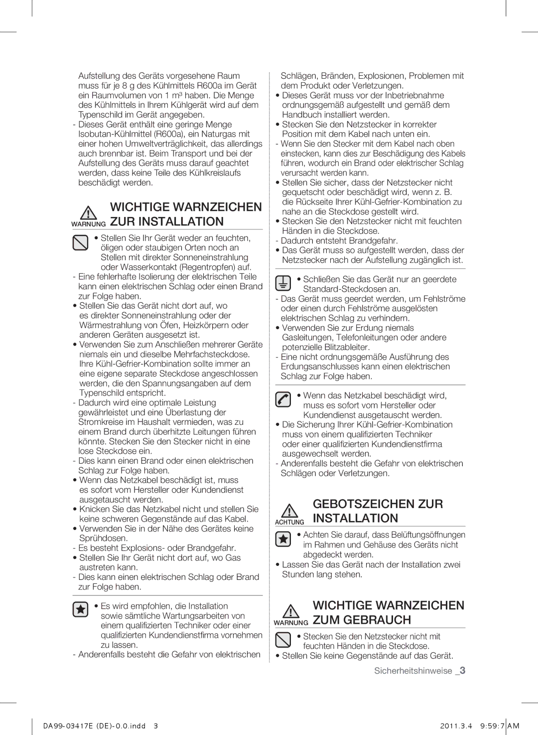 Samsung RL56GHGRS1/XEF manual Wichtige Warnzeichen Warnung zur Installation, Wichtige Warnzeichen Warnung ZUM Gebrauch 