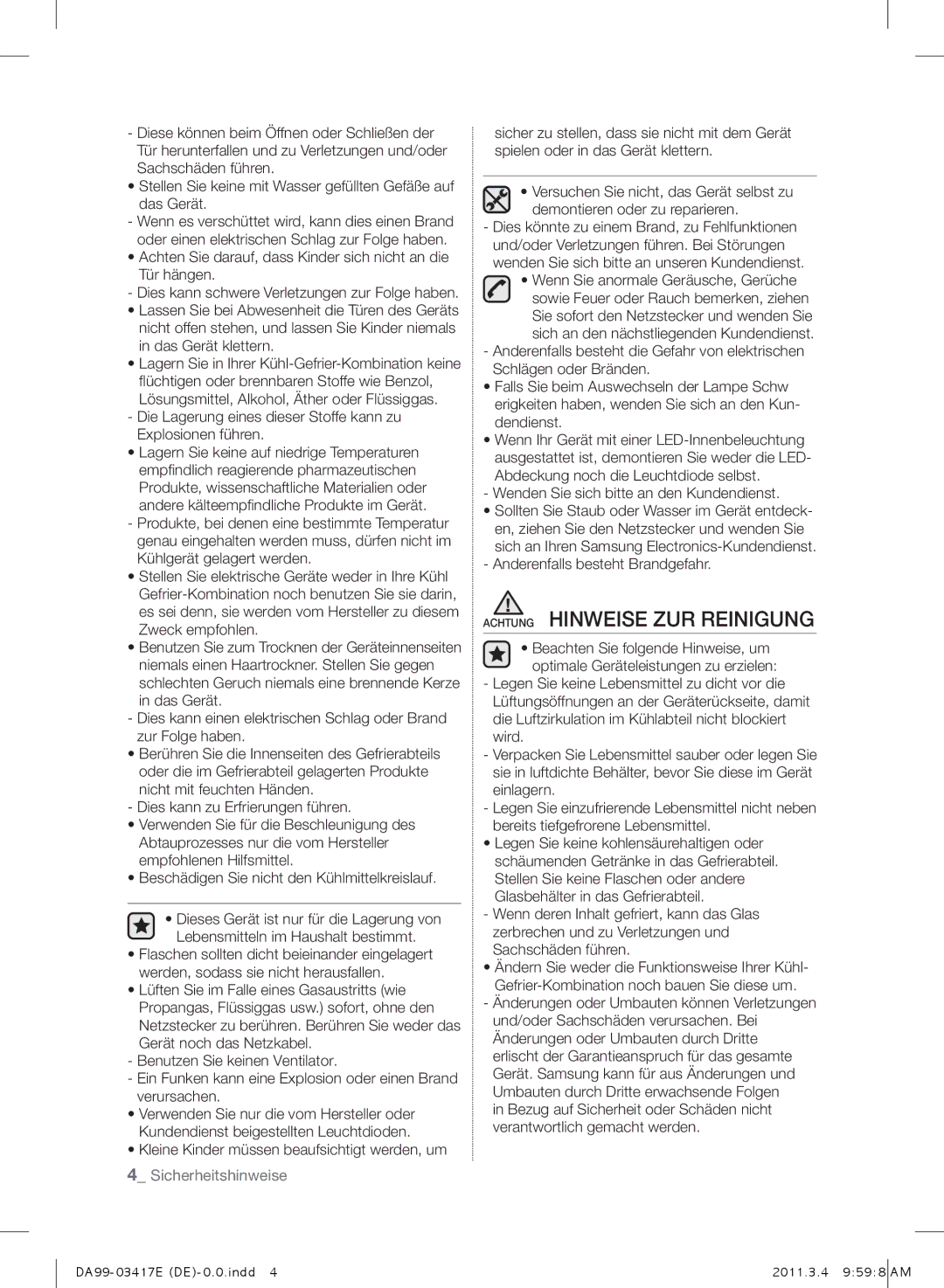 Samsung RL63GQESW1/XEF manual Achtung Hinweise ZUR Reinigung, Die Lagerung eines dieser Stoffe kann zu Explosionen führen 