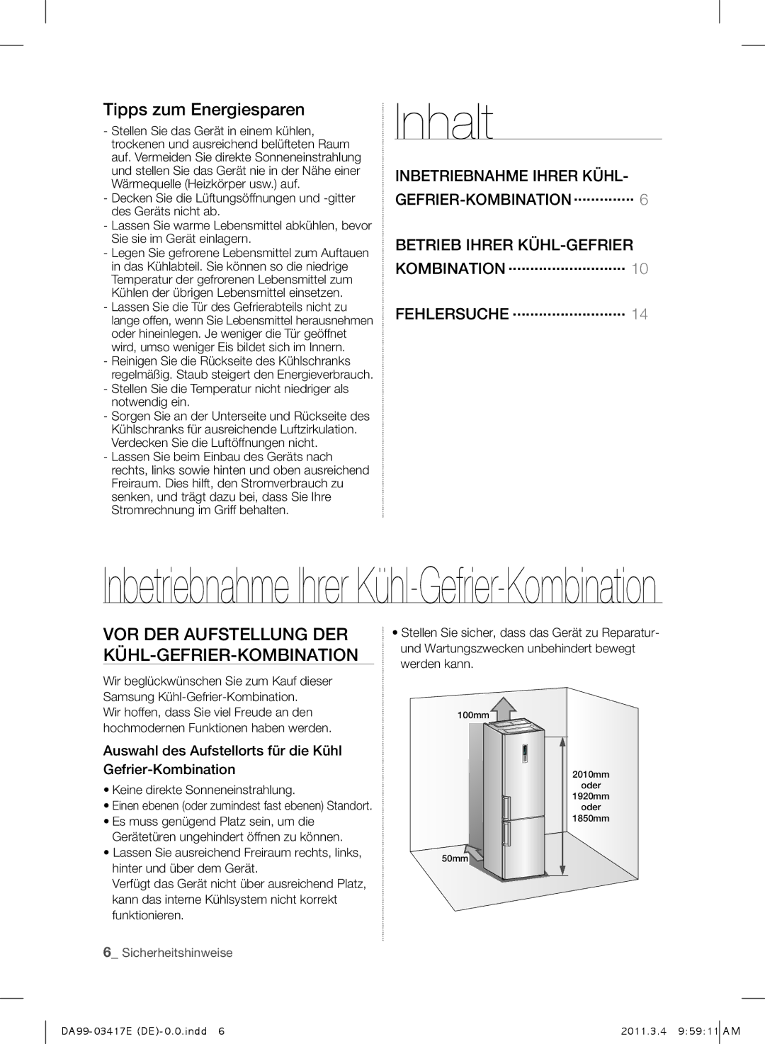 Samsung RL56GHGMG1/XEF, RL60GLBSW1/XEF, RL56GHBSW1/XEF, RL56GHGRS1/XEF, RL63GQESW1/XEF, RL56GWGMG1/XEF manual Inhalt 