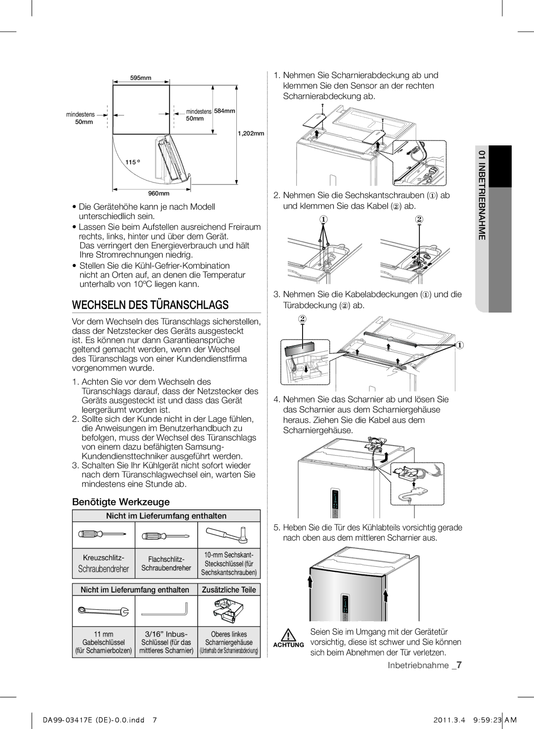 Samsung RL60GLBSW1/XEF, RL56GHGMG1/XEF, RL56GHBSW1/XEF, RL56GHGRS1/XEF manual Wechseln DES Türanschlags, Benötigte Werkzeuge 