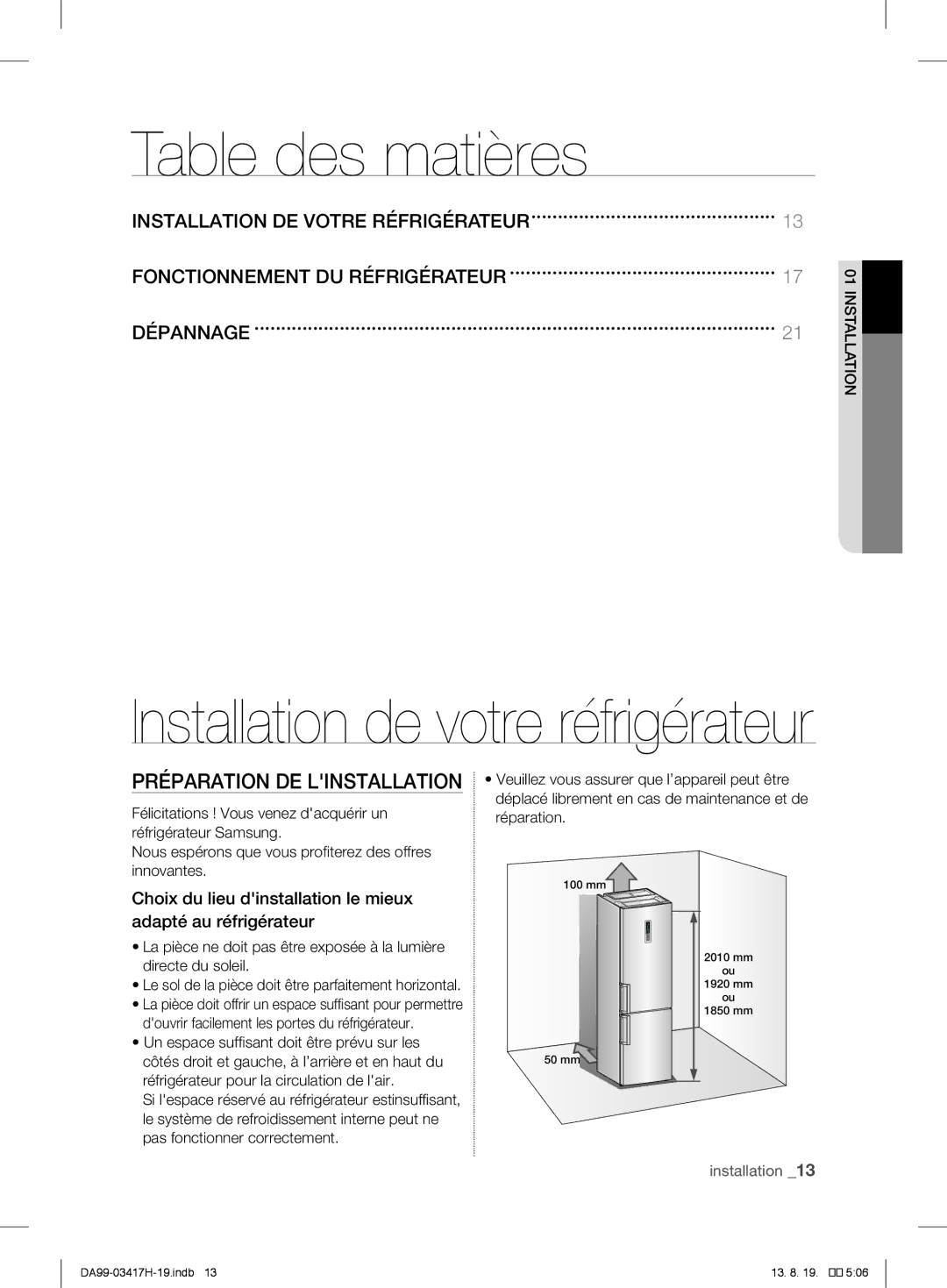 Samsung RL56GEGSW1/XEF, RL56GHGMG1/XEF, RL63GQERS1/XEF, RL58GQBMG1/XEF manual Table des matières, Préparation DE Linstallation 