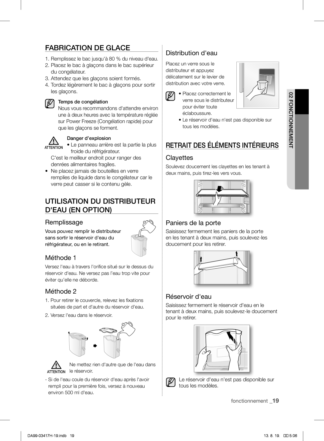 Samsung RL56GRESW1/XEF, RL56GHGMG1/XEF, RL63GQERS1/XEF Fabrication DE Glace, Utilisation DU Distributeur Deau EN Option 