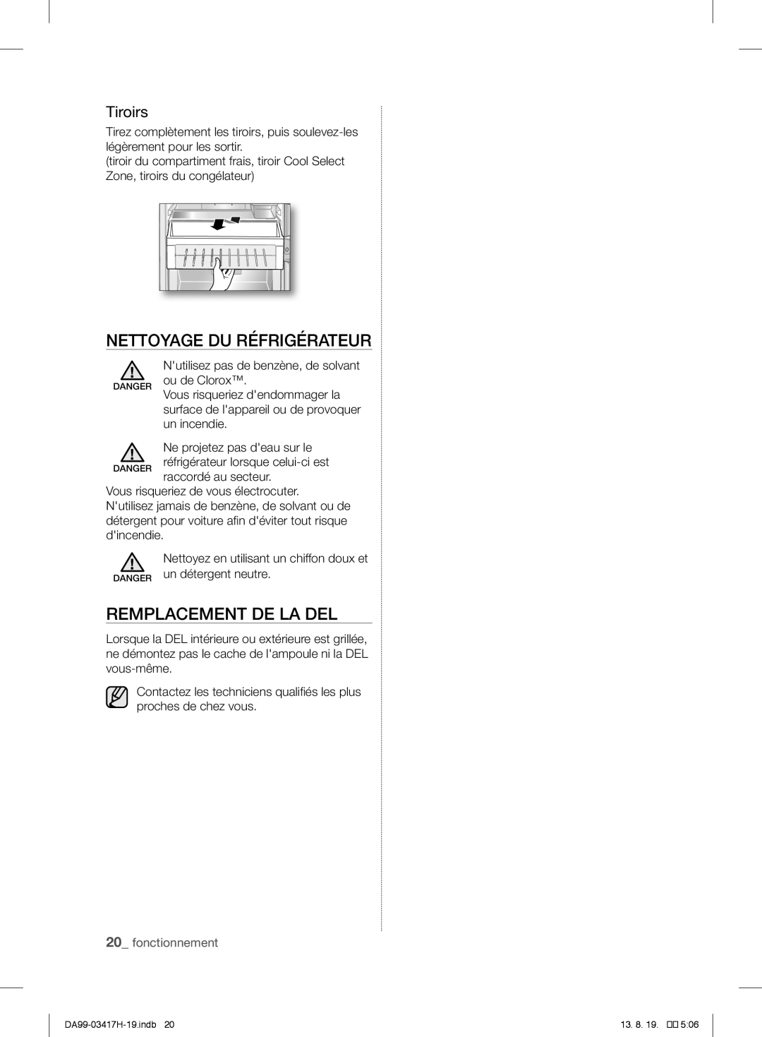 Samsung RL56GHBMG1/XEF, RL56GHGMG1/XEF, RL63GQERS1/XEF manual Nettoyage DU Réfrigérateur, Remplacement DE LA DEL, Tiroirs 