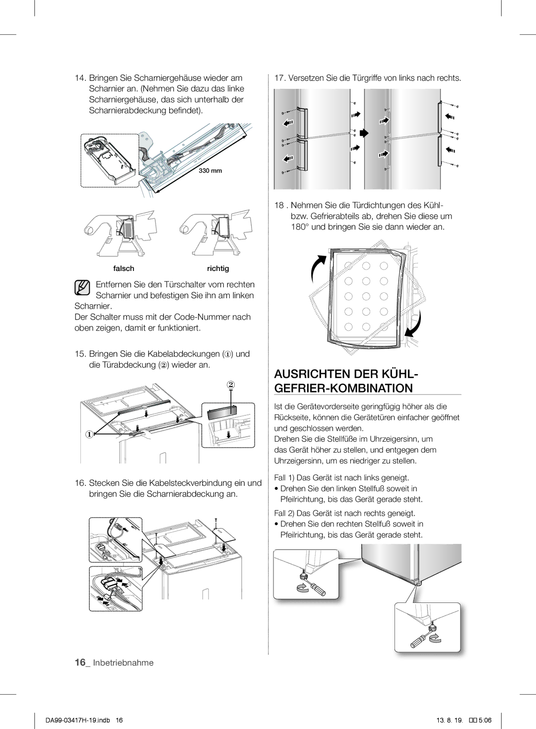 Samsung RL56GHGRS1/XEF manual Ausrichten DER KÜHL- GEFRIER-KOMBINATION, Versetzen Sie die Türgriffe von links nach rechts 