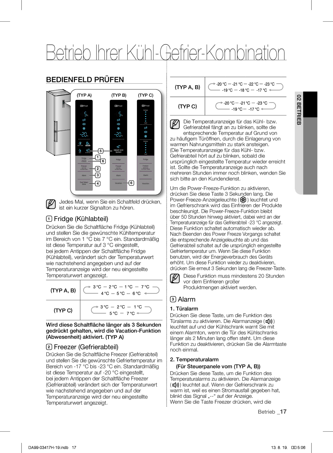 Samsung RL58GREIH1/XEF, RL56GHGMG1/XEF, RL63GQERS1/XEF Bedienfeld Prüfen, Fridge Kühlabteil, Freezer Gefrierabteil, Alarm 