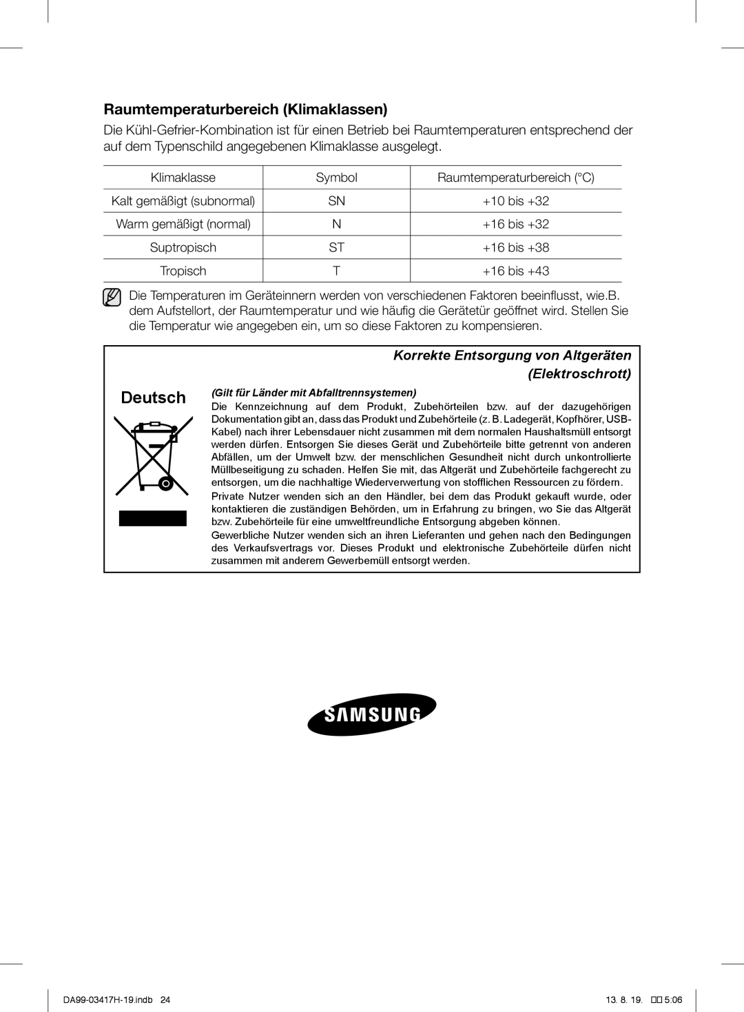 Samsung RL60GHEIH1/XEF, RL56GHGMG1/XEF, RL63GQERS1/XEF, RL58GQBMG1/XEF manual Raumtemperaturbereich Klimaklassen, +16 bis +43 