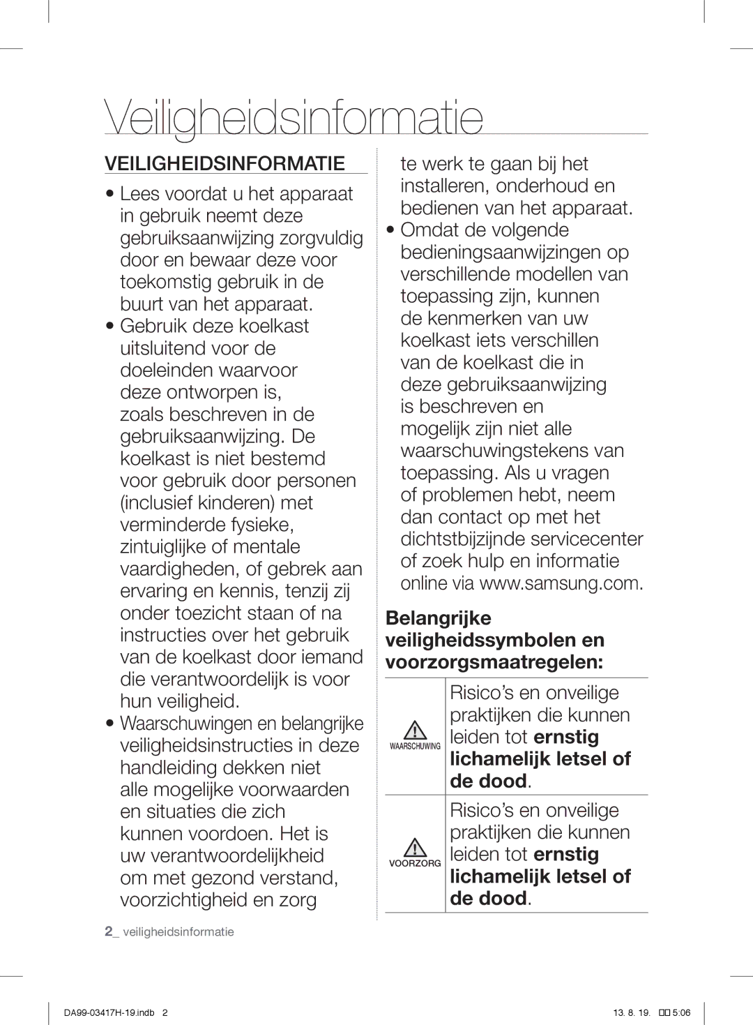 Samsung RL58GQGIH1/XEF manual Veiligheidsinformatie, Risico’s en onveilige, Praktijken die kunnen, Leiden tot ernstig 