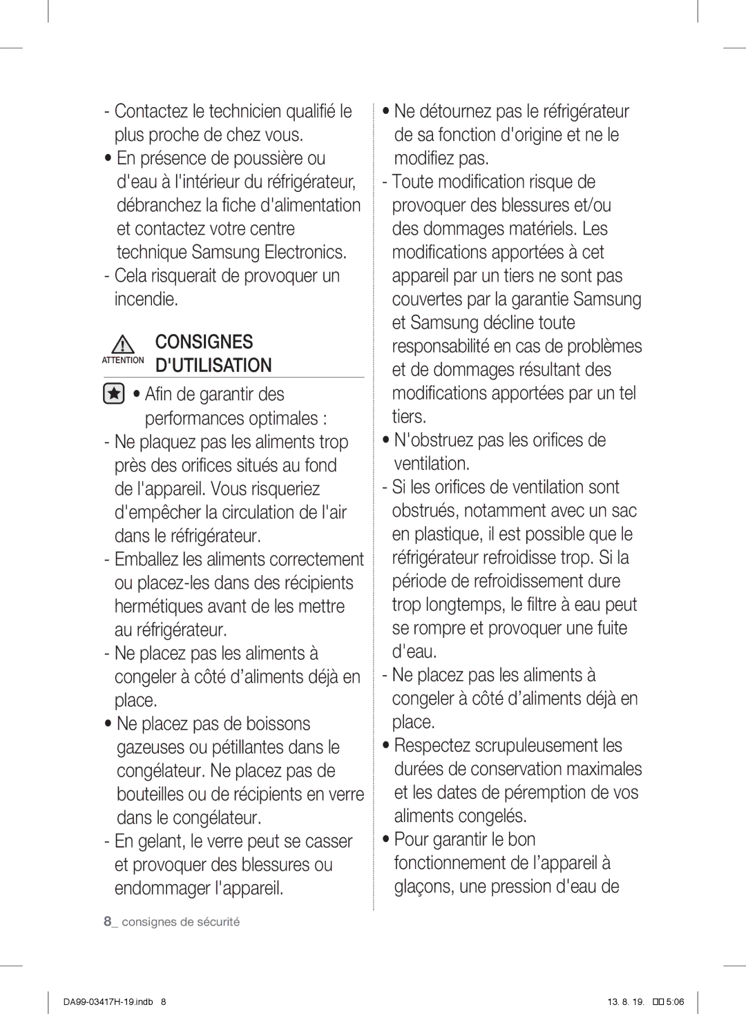 Samsung RL58GQERS1/XEF Cela risquerait de provoquer un incendie, Bouteilles ou de récipients en verre dans le congélateur 