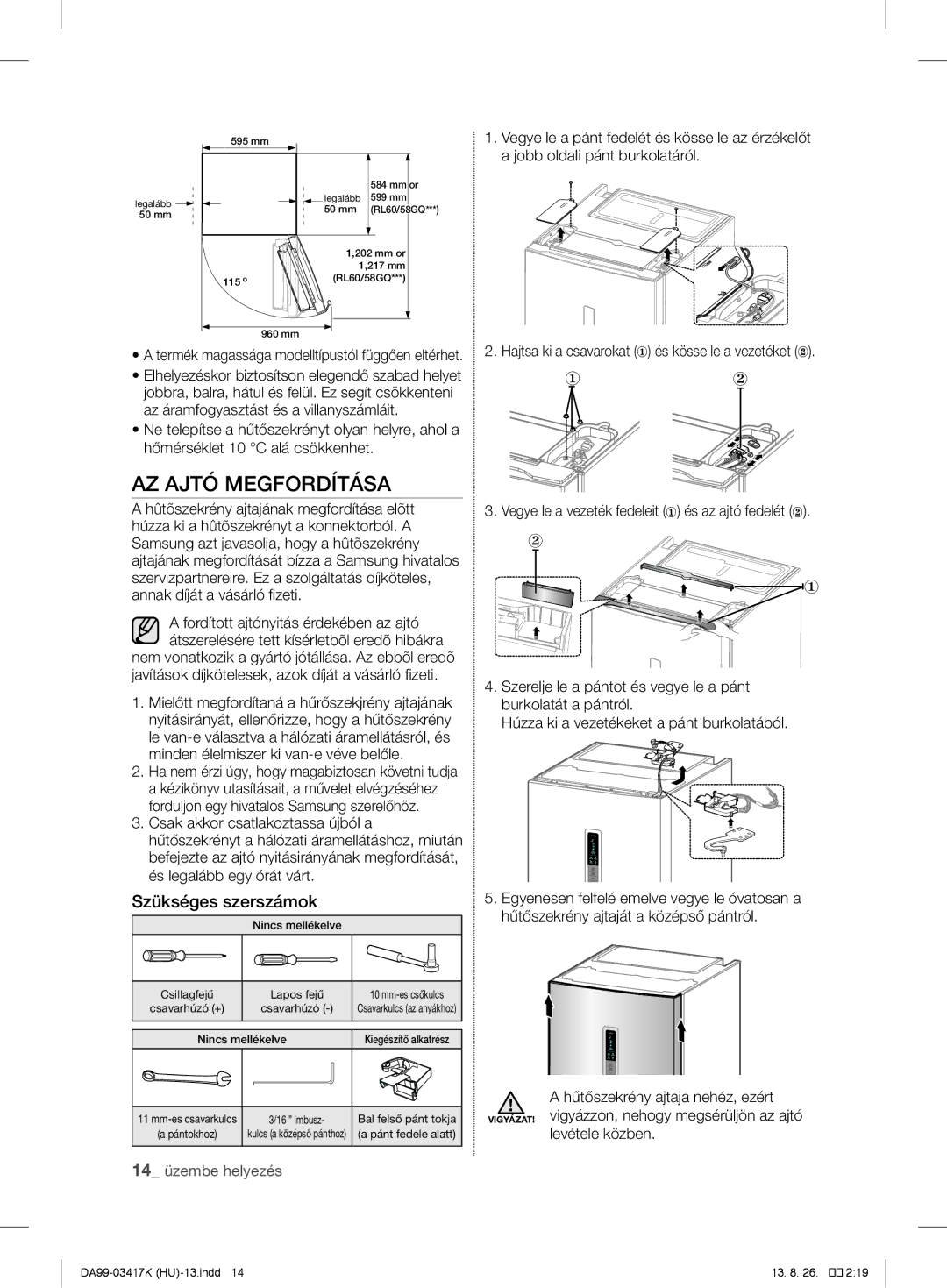 Samsung RL63GQESW1/XEF, RL56GHGMG1/XEF, RL63GQERS1/XEF, RL60GLBSW1/XEF manual AZ Ajtó Megfordítása, Szükséges szerszámok 