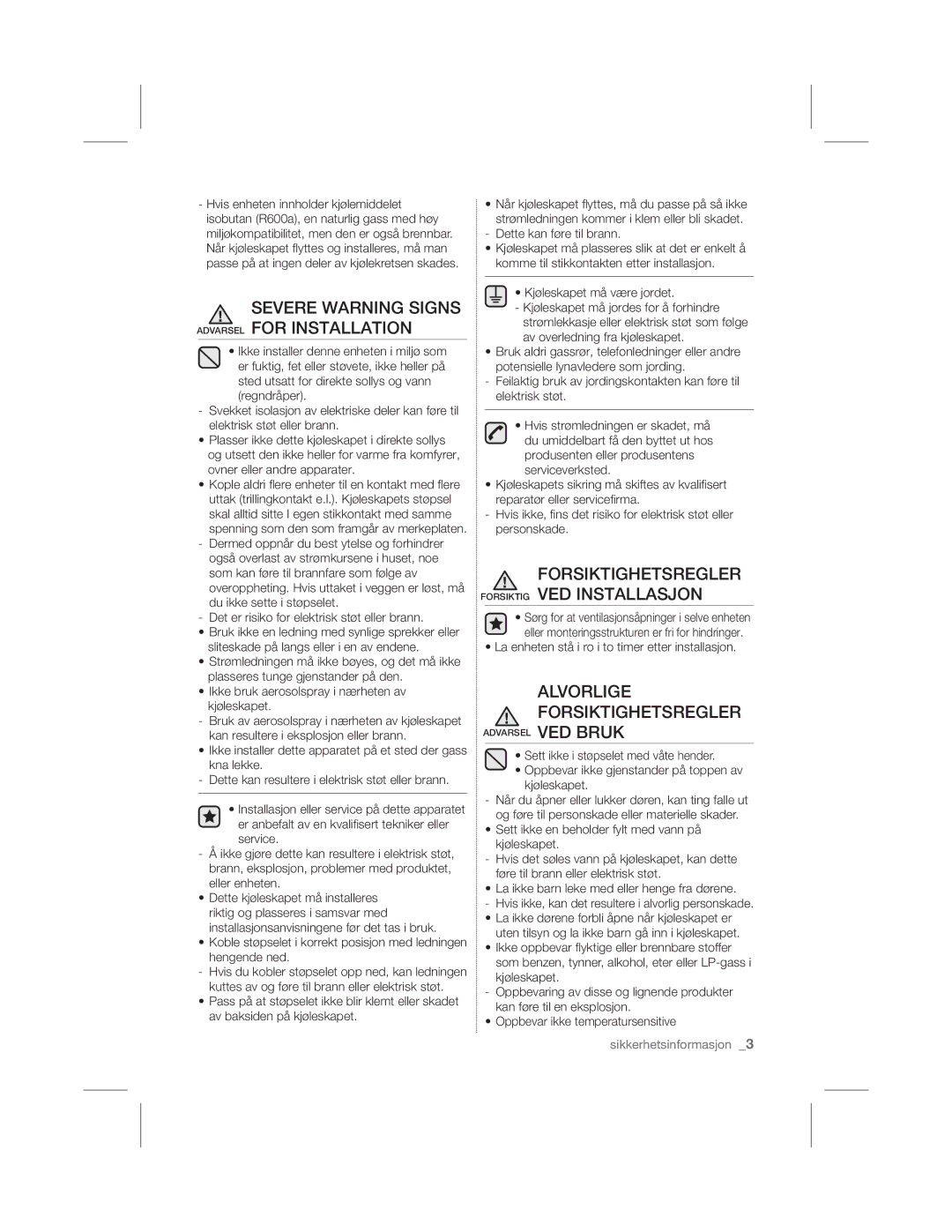 Samsung RL56GHGRS1/XEF Severe Warning Signs Advarsel for Installation, Forsiktighetsregler Forsiktig VED Installasjon 