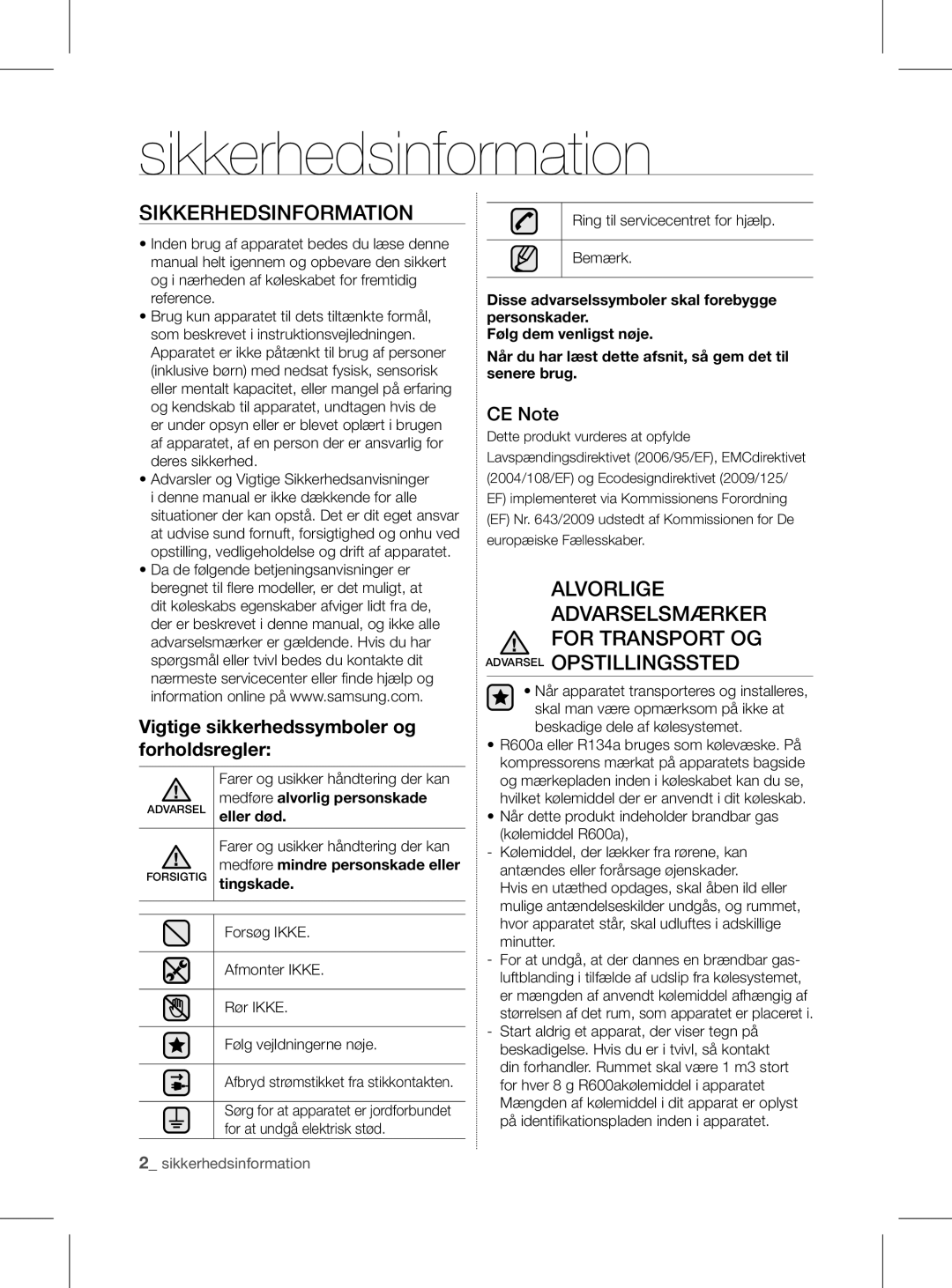 Samsung RL56GHGRS1/XEF manual Sikkerhedsinformation, Alvorlige advarselsmærker for transport og, CE Note 