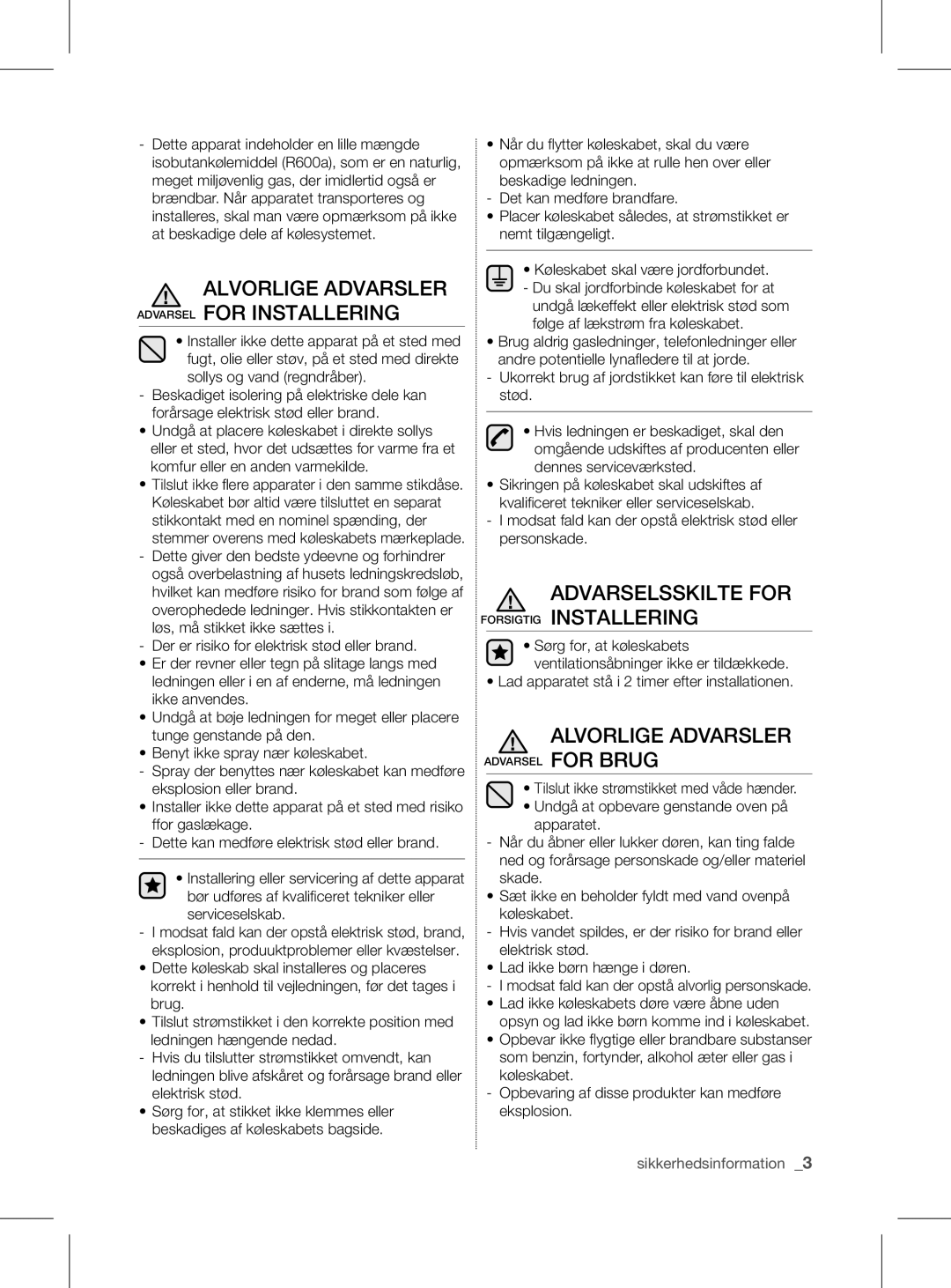 Samsung RL56GHGRS1/XEF manual Alvorlige advarsler Advarsel for installering, Alvorlige Advarsler 