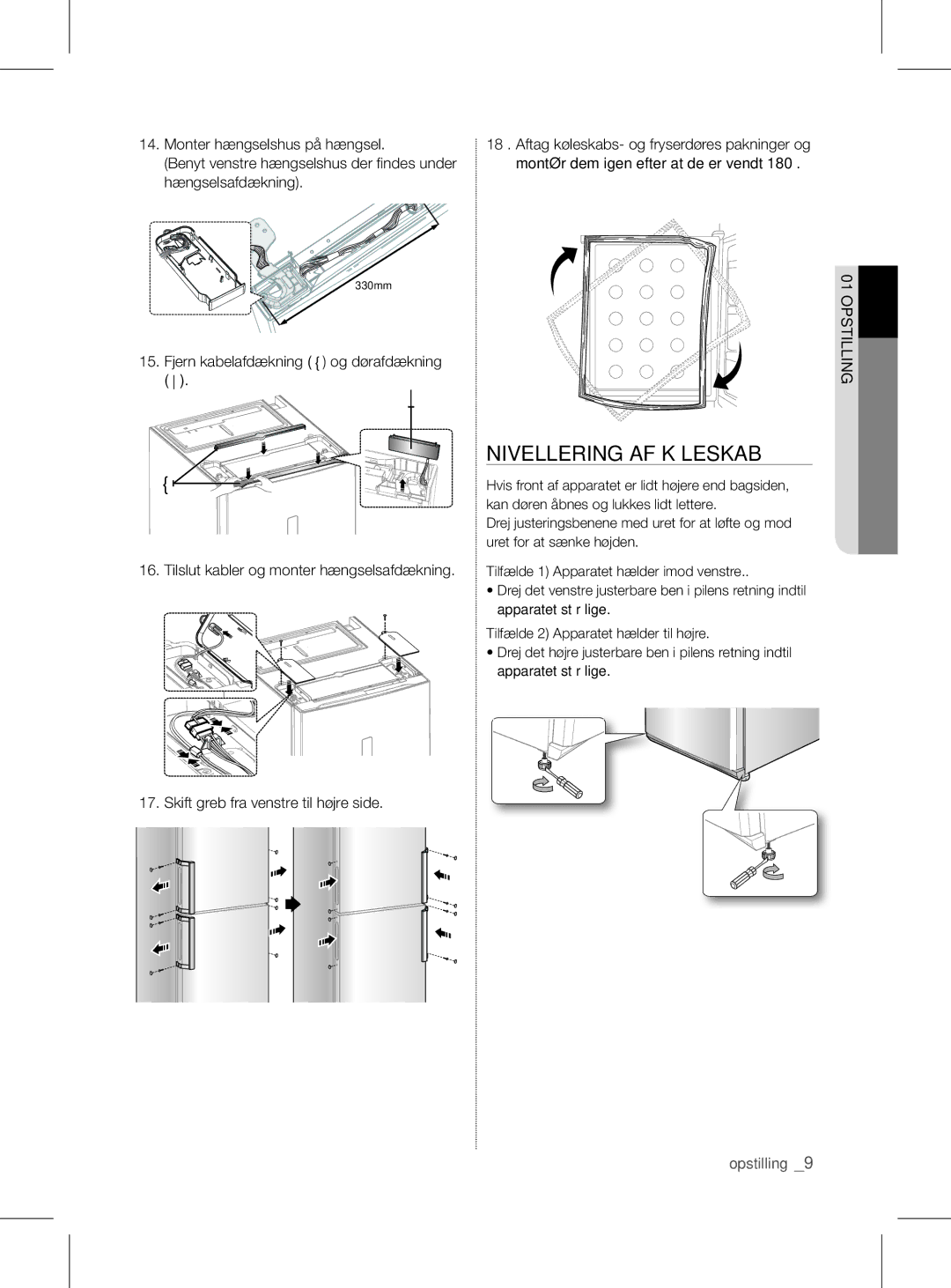 Samsung RL56GHGRS1/XEF manual Nivellering AF Køleskab, Monter hængselshus på hængsel 