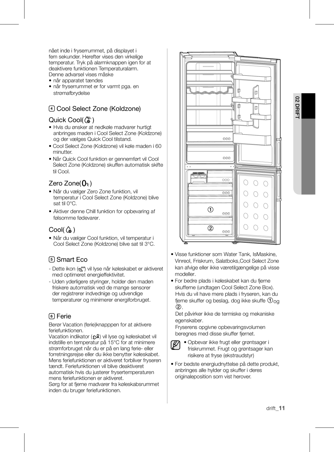 Samsung RL56GHGRS1/XEF manual Cool Select Zone Koldzone Quick Cool, Ferie, Rift02 d 