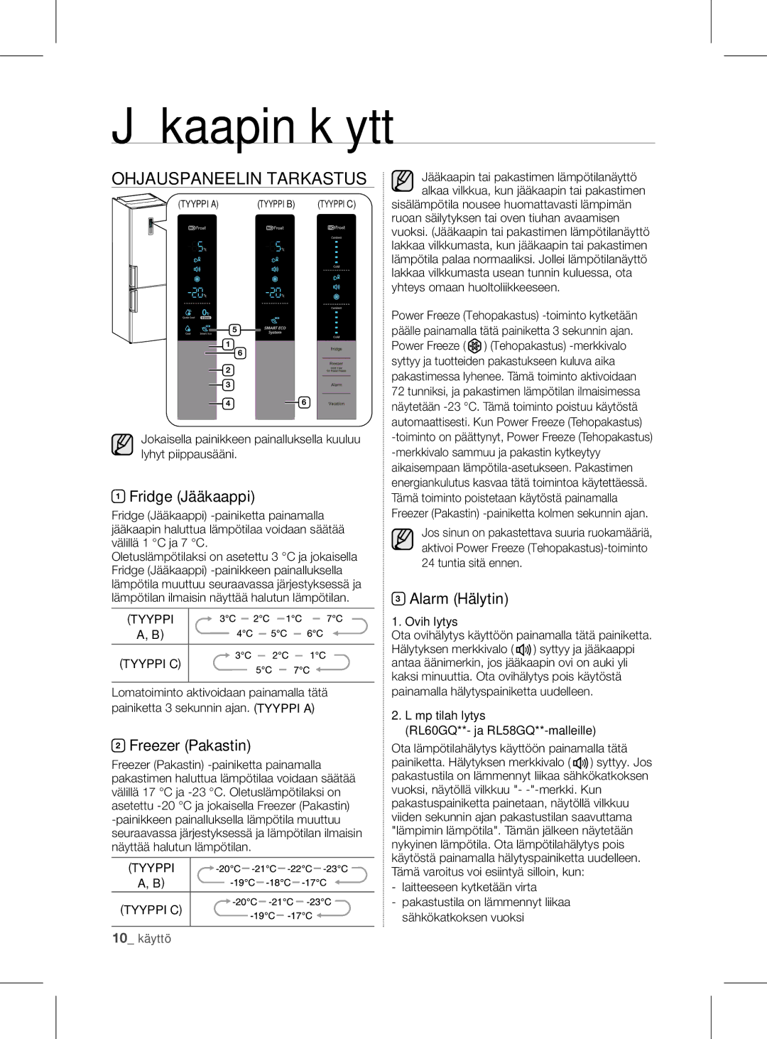 Samsung RL56GHGRS1/XEF manual Jääkaapin käyttö, Ohjauspaneelin Tarkastus, Fridge Jääkaappi, Freezer Pakastin, Alarm Hälytin 