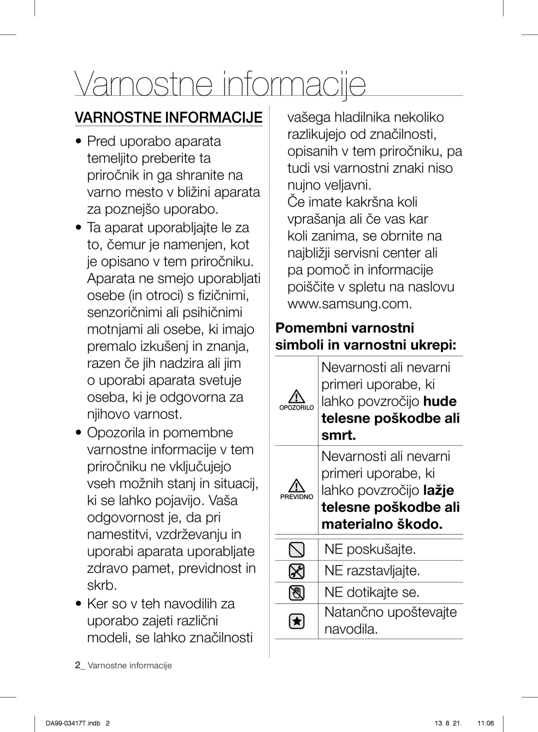 Samsung RL56GHGIH1/XEF, RL56GHGTS1/XEF, RL58GPGIH1/XEF, RL56GEGSW1/XEF manual Varnostne informacije, Varnostne Informacije 