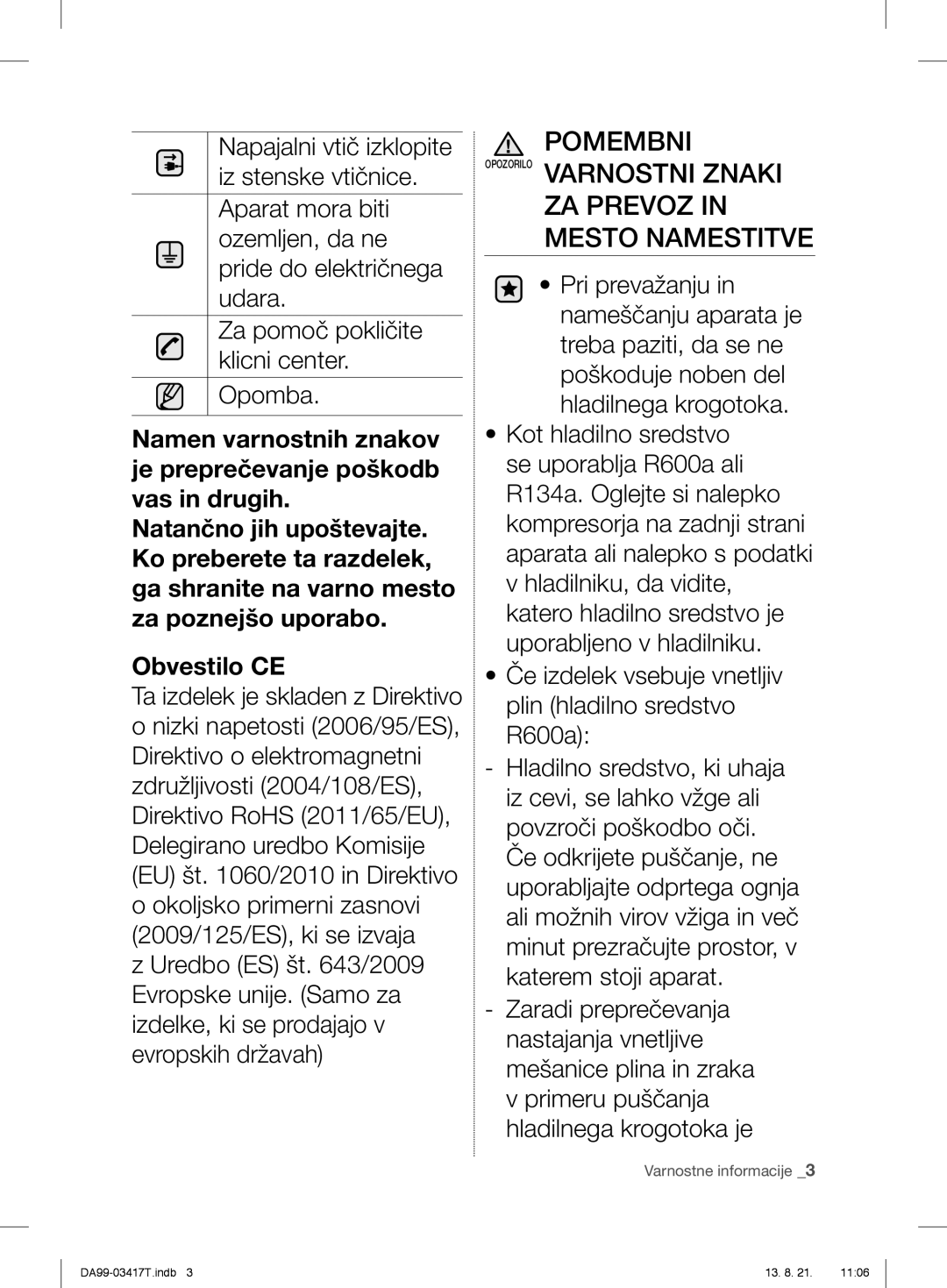 Samsung RL56GEGSW1/XEF, RL56GHGTS1/XEF, RL58GPGIH1/XEF, RL56GHGIH1/XEF, RL60GTEIH1/XEF Pomembni Opozorilo Varnostni Znaki 