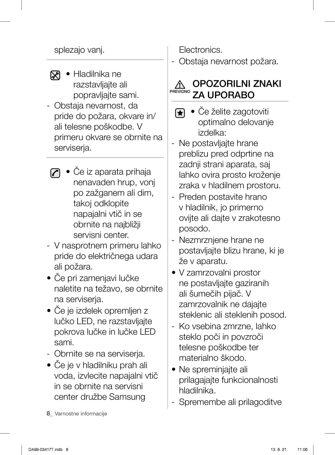 Samsung RL60GHGIH1/XEF, RL56GHGTS1/XEF, RL58GPGIH1/XEF, RL56GHGIH1/XEF, RL56GEGSW1/XEF Opozorilni Znaki Previdno ZA Uporabo 