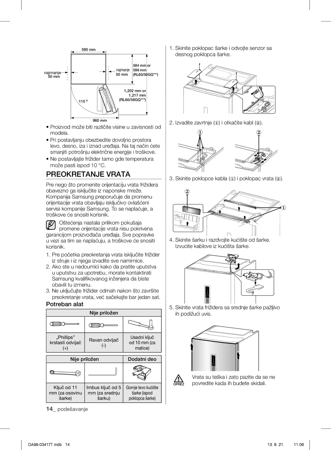 Samsung RL56GHGIH1/XEF manual Preokretanje Vrata, Potreban alat, Proizvod može biti različite visine u zavisnosti od modela 