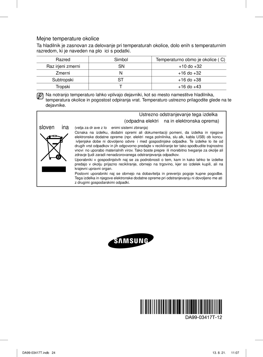 Samsung RL56GHGTS1/XEF, RL58GPGIH1/XEF, RL56GHGIH1/XEF, RL56GEGSW1/XEF, RL60GTEIH1/XEF manual Mejne temperature okolice 