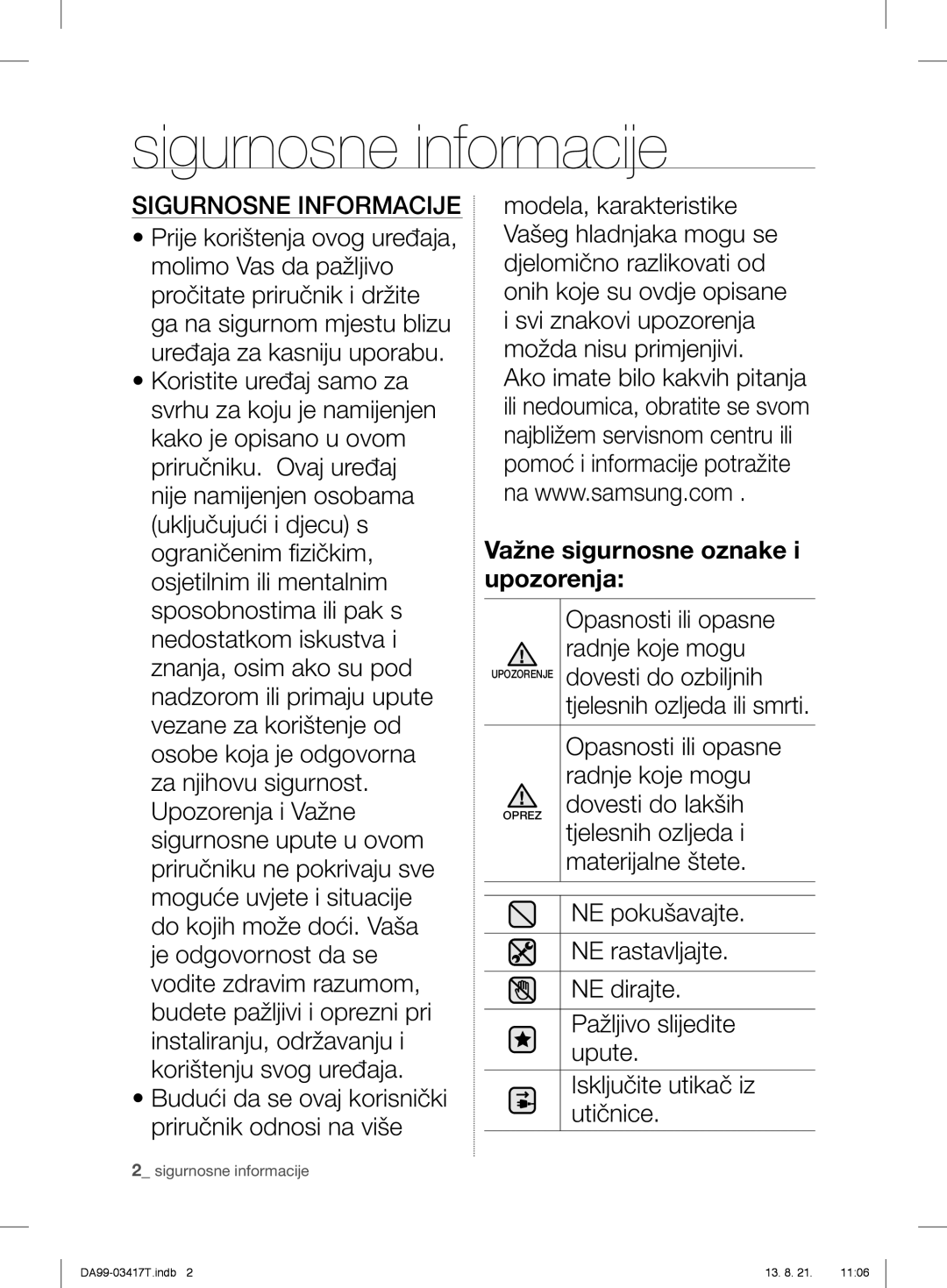 Samsung RL56GHGIH1/XEF, RL56GHGTS1/XEF, RL58GPGIH1/XEF, RL56GEGSW1/XEF manual Sigurnosne informacije, Sigurnosne Informacije 