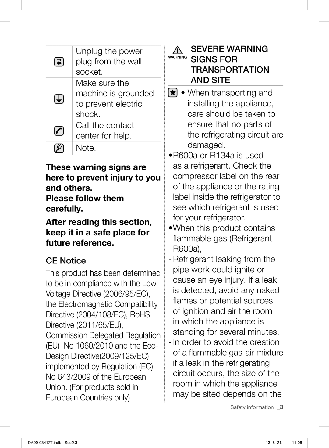 Samsung RL56GEGSW1/XEF, RL56GHGTS1/XEF, RL58GPGIH1/XEF CE Notice, Severe Warning Warning Signs for Transportation and Site 