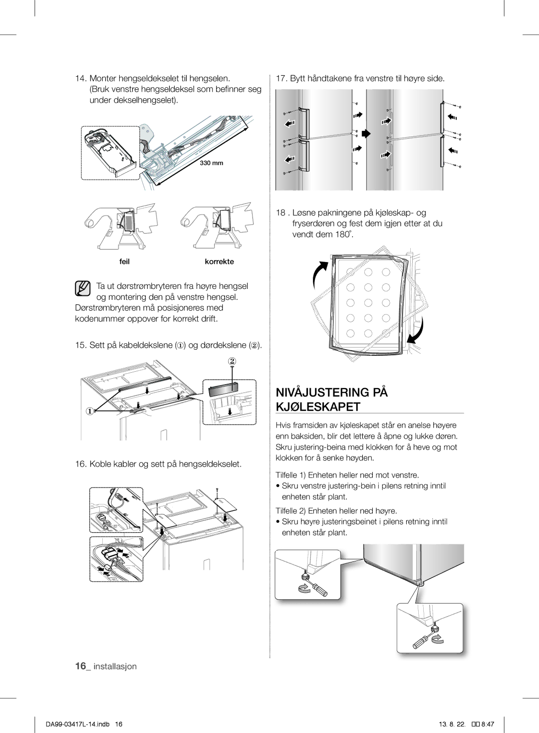 Samsung RL56GSBIH1/XEF, RL56GHGRS1/XEF, RL56GHGSW1/XEF, RL60GHESW1/XEF, RL56GEGSW1/XEF manual Nivåjustering PÅ Kjøleskapet 