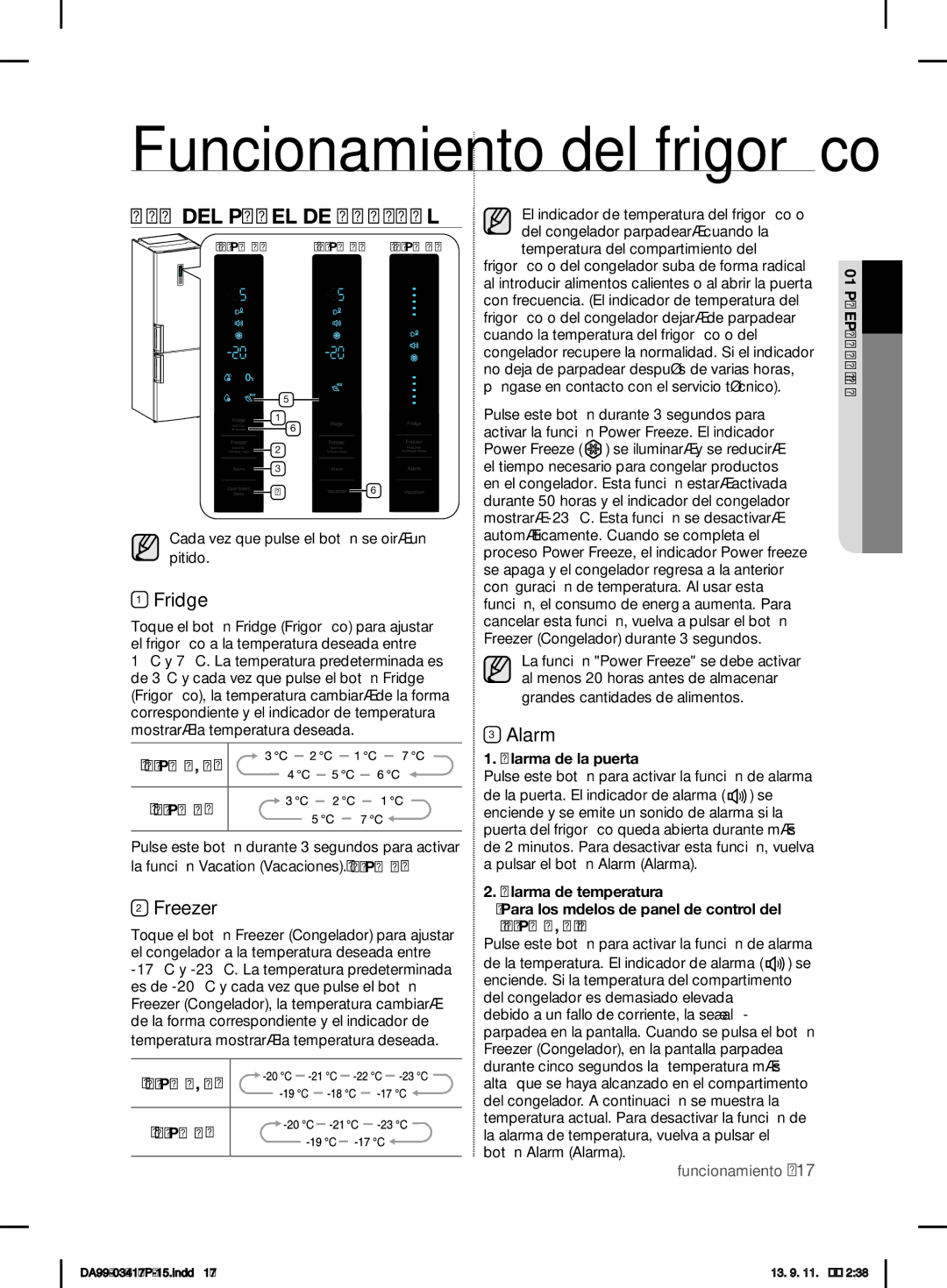 Samsung RL60GGE7F1/XEF, RL56GSBIH1/XEF, RL56GREIH1/XEF, RL60GZGIH1/XEF manual USO DEL Panel DE Control, Fridge, Freezer, Alarm 