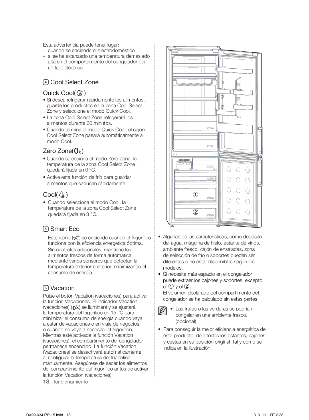 Samsung RL60GEGSW2/XEF, RL56GSBIH1/XEF, RL56GREIH1/XEF manual Cool Select Zone Quick Cool, Zero Zone, Smart Eco, Vacation 