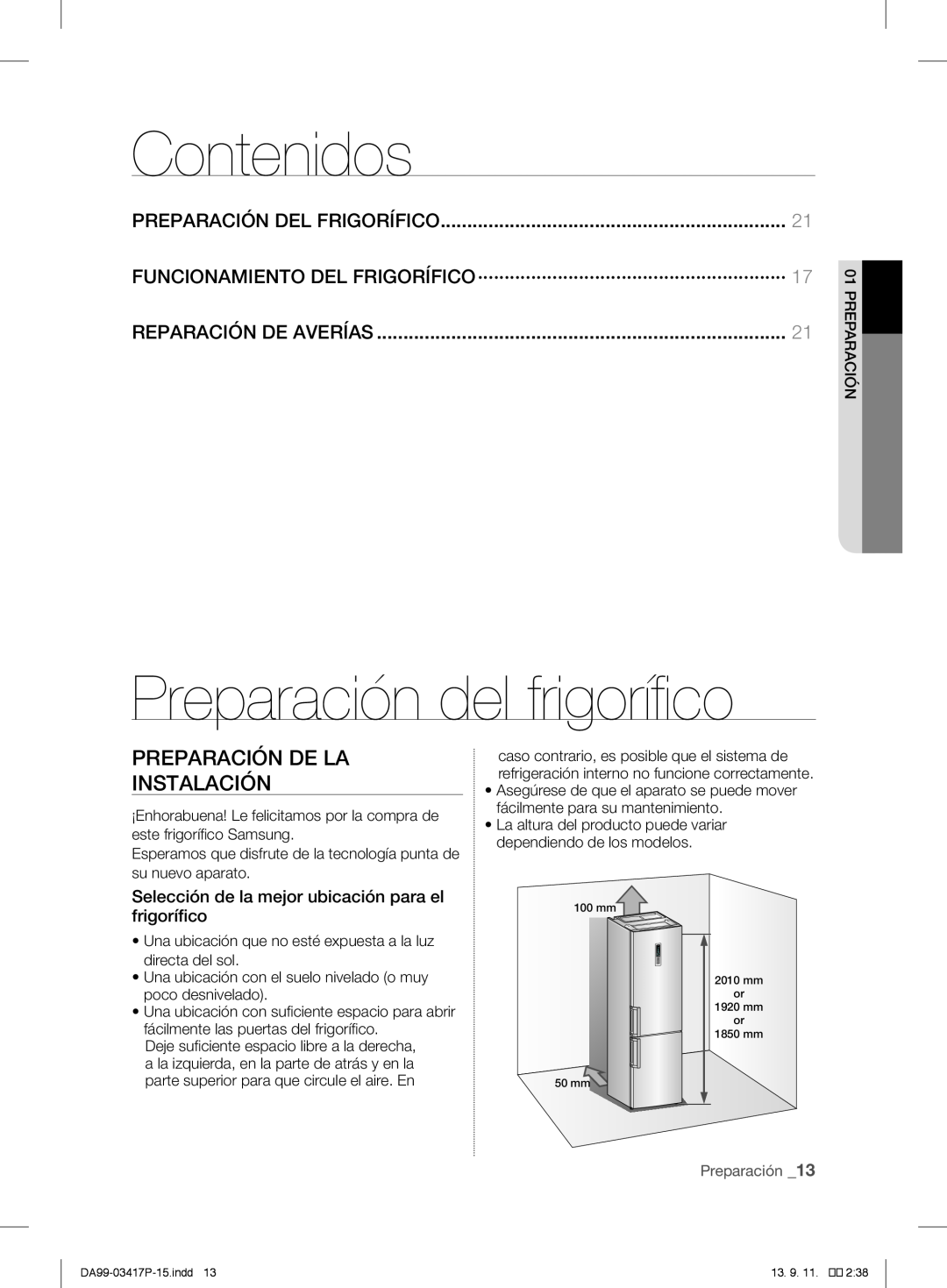 Samsung RL56GSBSW1/XEF Contenidos, Preparación del frigorífico, Preparación De La Instalación, Preparación Del Frigorífico 