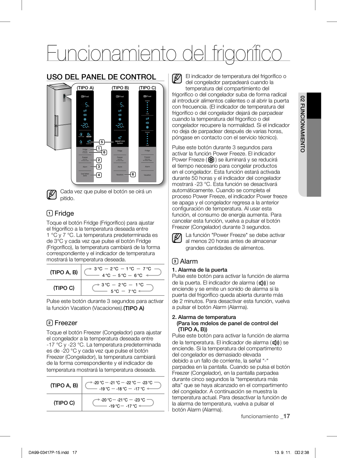 Samsung RL60GGE7F1/XEF Funcionamiento del frigorífico, Uso Del Panel De Control, Fridge, Freezer, Alarm, funcionamiento 