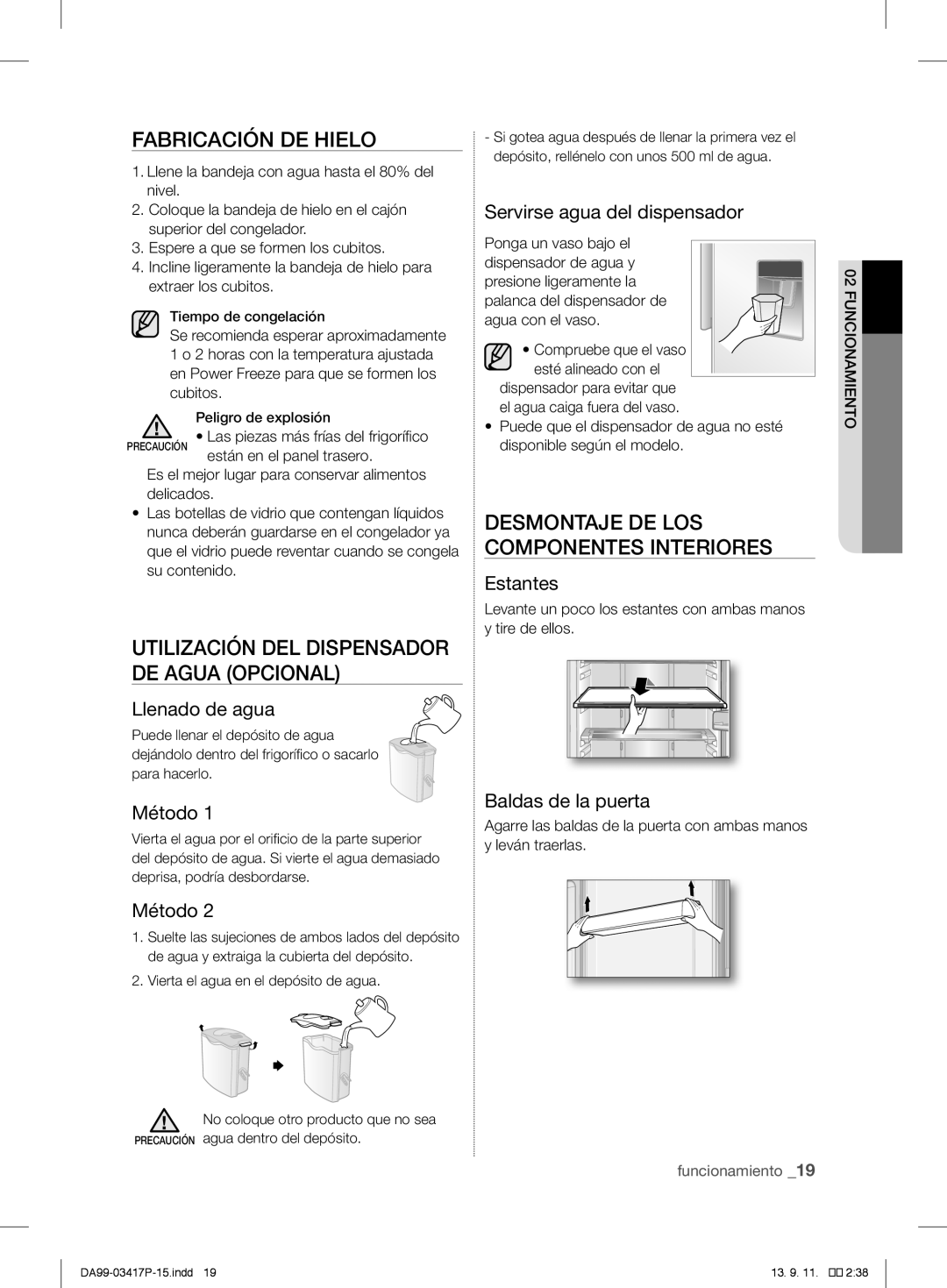Samsung RL60GMBSW1/XEF manual Fabricación De Hielo, Utilización Del Dispensador De Agua Opcional, Llenado de agua, Método 