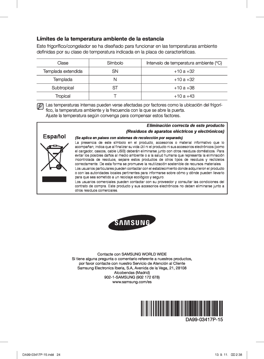 Samsung RL58GREBP1/XEF, RL56GSBIH1/XEF, RL56GREIH1/XEF manual Español, Límites de la temperatura ambiente de la estancia 