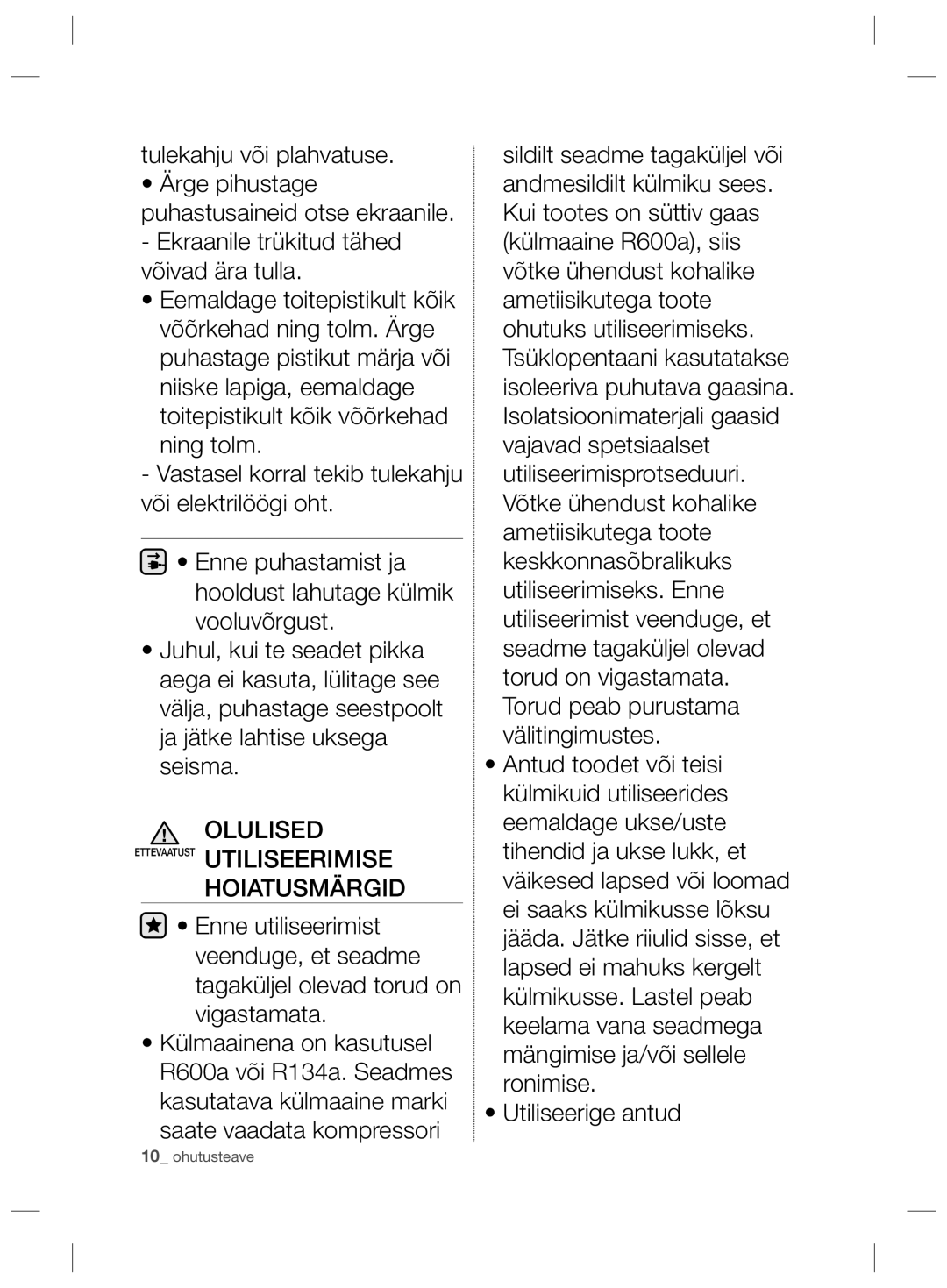 Samsung RL56GSBSW1/XEF, RL56GSBVB1/XEF, RL58GPGIH1/XEF, RL60GHEIH1/XEF, RL60GGERS1/XEF Olulised Ettevaatust Utiliseerimise 