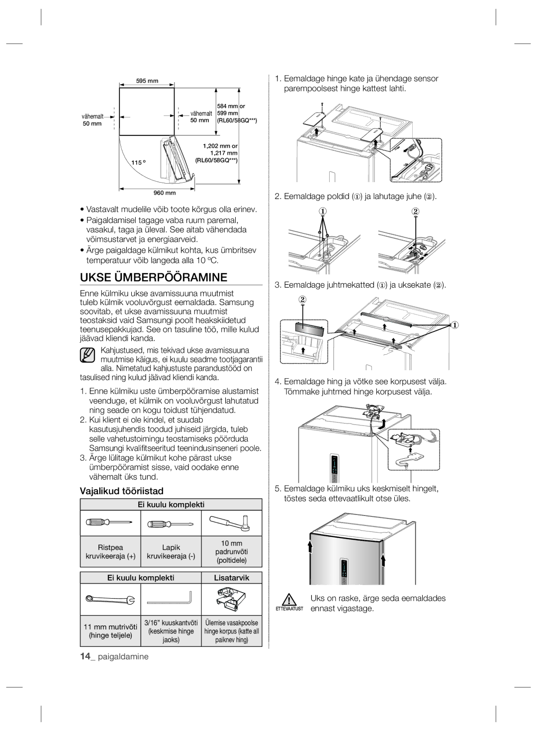 Samsung RL60GHEIH1/XEF, RL56GSBVB1/XEF manual Ukse Ümberpööramine, Vastavalt mudelile võib toote kõrgus olla erinev 