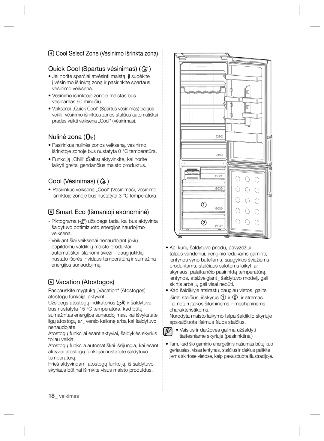 Samsung RL56GSBVB1/XEF manual Quick Cool Spartus vėsinimas, Nulinė zona, Cool Vėsinimas, Smart Eco Išmanioji ekonominė 