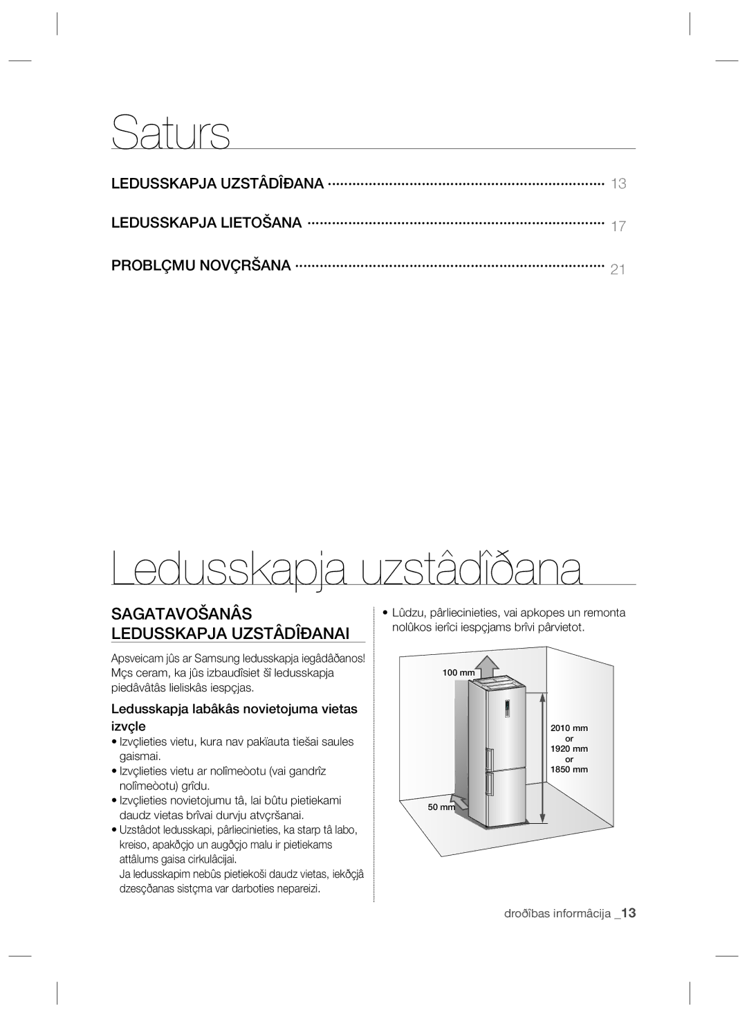 Samsung RL58GPGIH1/XEF, RL56GSBVB1/XEF manual Saturs, Ledusskapja uzstâdîðana, Sagatavošanâs Ledusskapja Uzstâdîðanai 