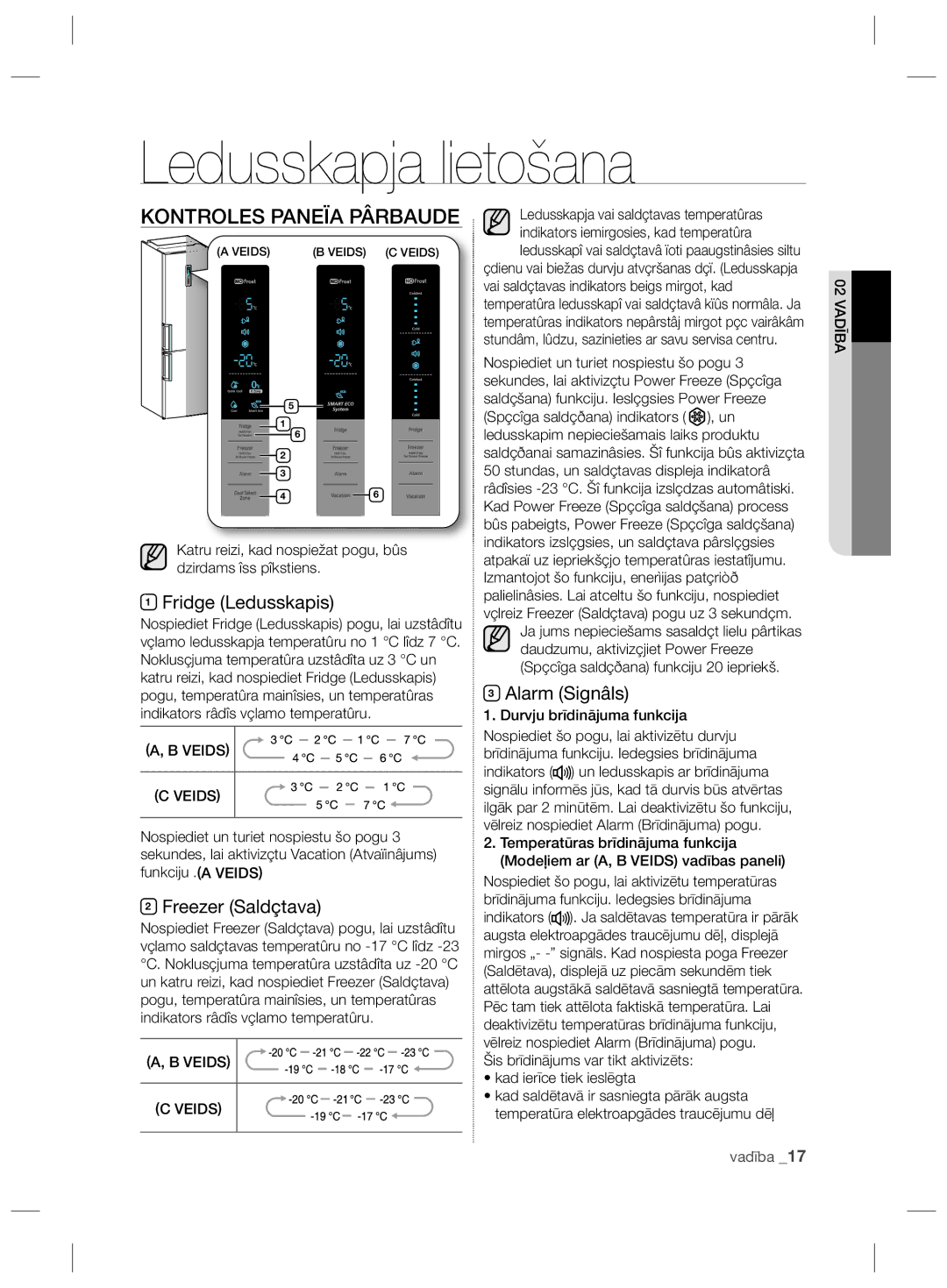 Samsung RL56GEGIH1/XEF manual Ledusskapja lietošana, Kontroles Paneïa Pârbaude, Fridge Ledusskapis, Freezer Saldçtava 