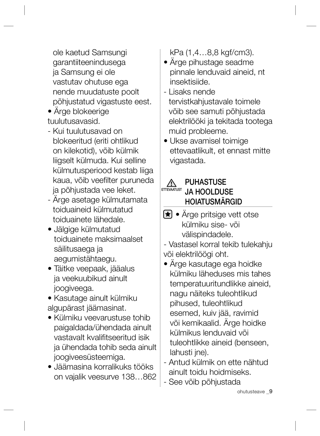 Samsung RL60GGERS1/XEF, RL56GSBVB1/XEF, RL58GPGIH1/XEF, RL60GHEIH1/XEF, RL56GSBSW1/XEF manual Puhastuse, Hoiatusmärgid 