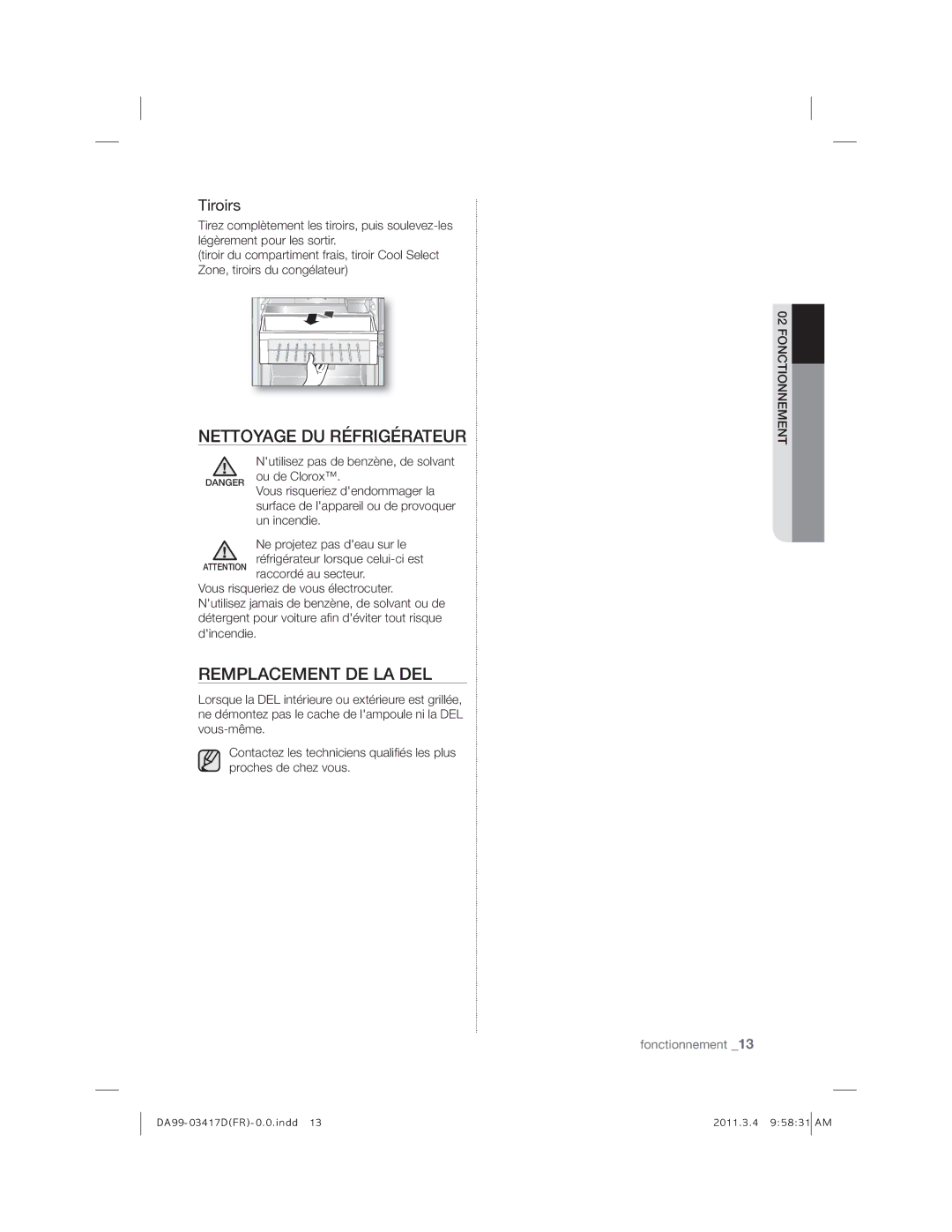 Samsung RL56GSBTS1/XEF, RL56GWGTS1/XEF, RL58GWGIH1/XEF manual Nettoyage DU Réfrigérateur, Remplacement DE LA DEL, Tiroirs 