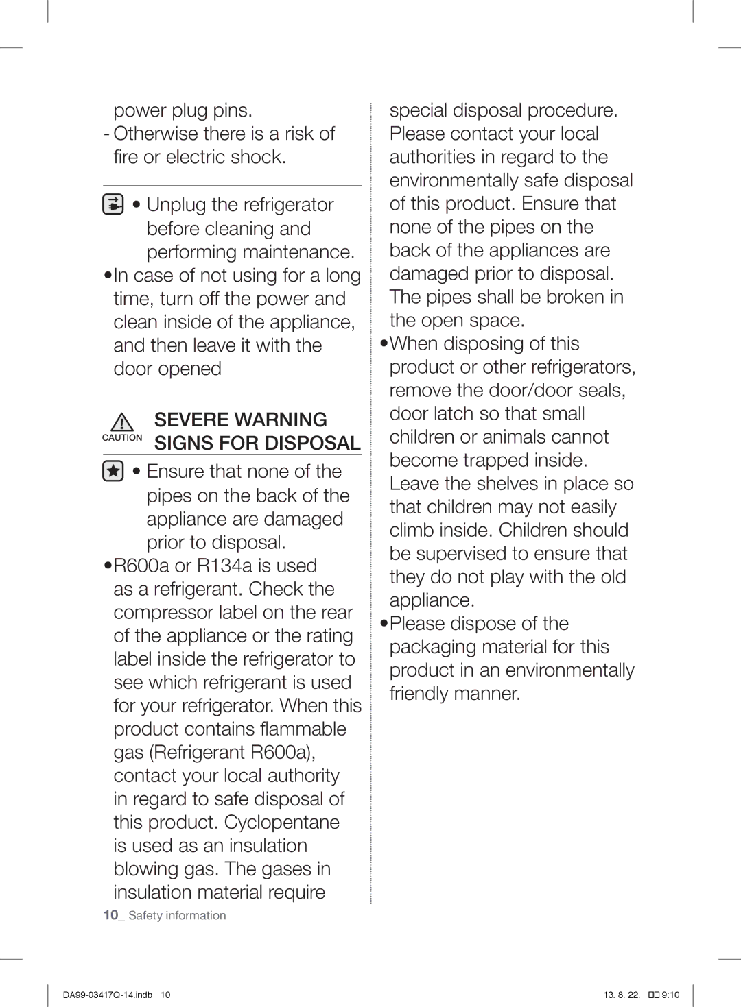 Samsung RL56GSBMG1/XEF, RL58GPGIH1/XEF, RL60GEGIH1/XEF, RL58GEGIH1/XEF manual Severe Warning Caution Signs for Disposal 