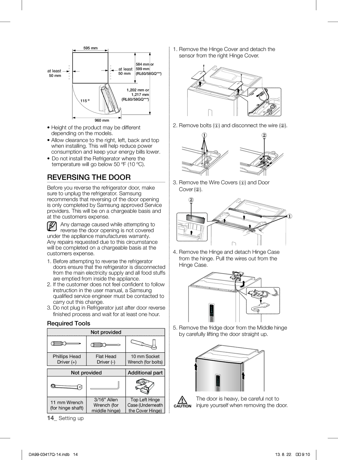 Samsung RL58GEGIH1/XEF, RL58GPGIH1/XEF, RL60GEGIH1/XEF, RL60GEEIH1/XEF, RL58GEGSW1/XEF Reversing the Door, Required Tools 