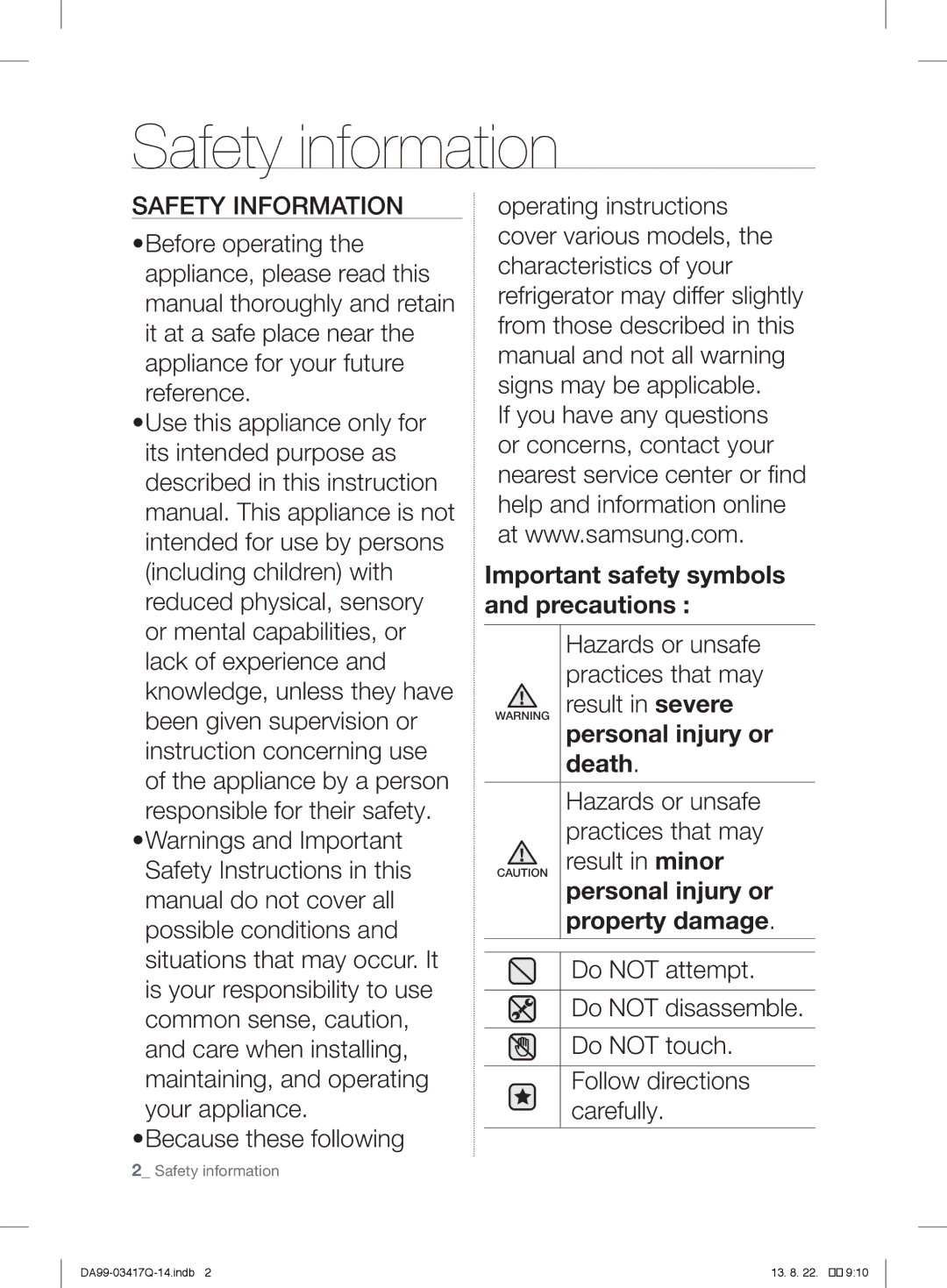 Samsung RL58GEGIH1/XEF, RL58GPGIH1/XEF, RL60GEGIH1/XEF, RL60GEEIH1/XEF, RL58GEGSW1/XEF Safety information, Safety Information 