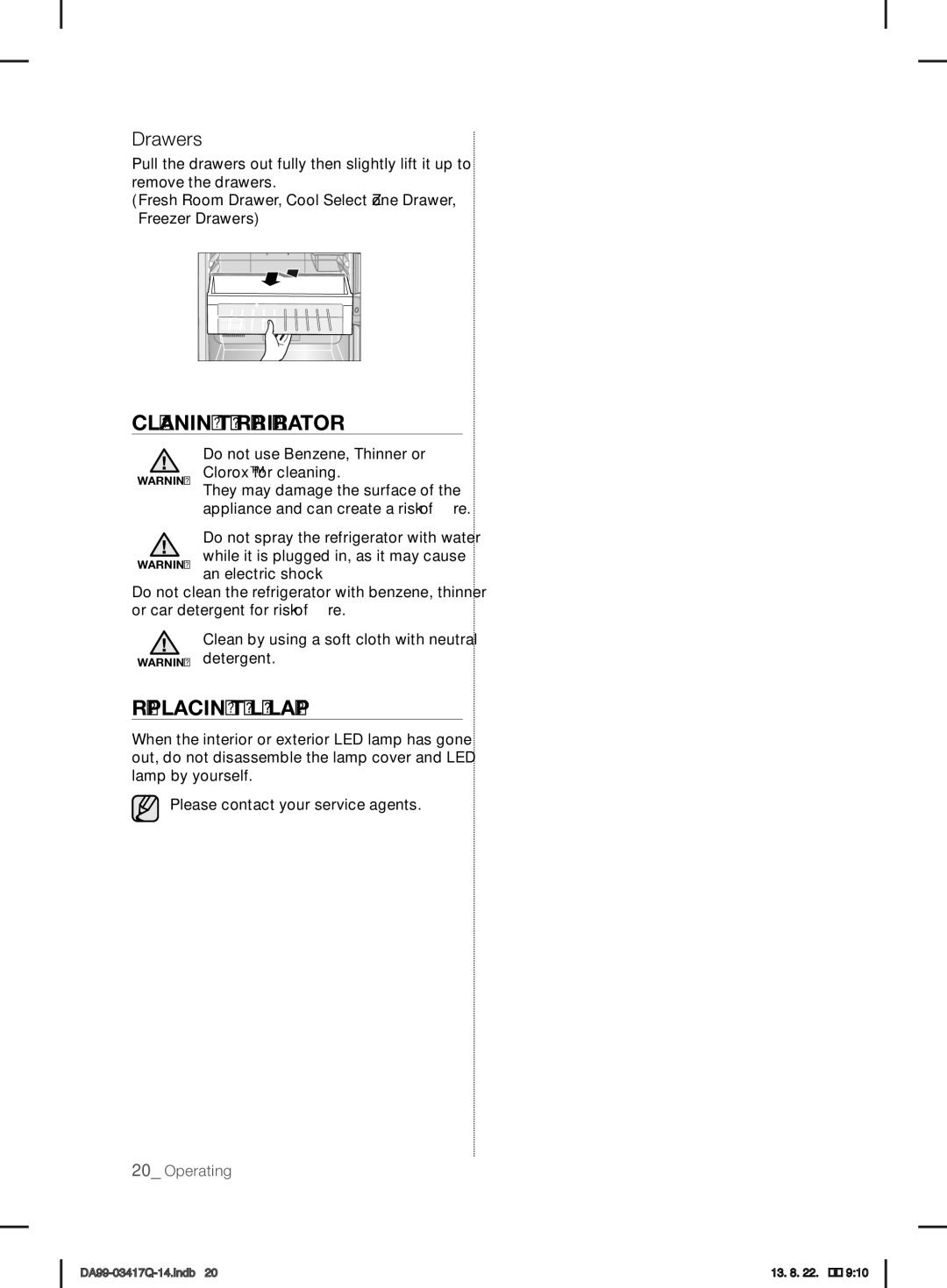 Samsung RL60GEGSW1/XEF, RL58GPGIH1/XEF, RL60GEGIH1/XEF, RL58GEGIH1/XEF Cleaning the Refrigerator, Replacing the LED Lamp 