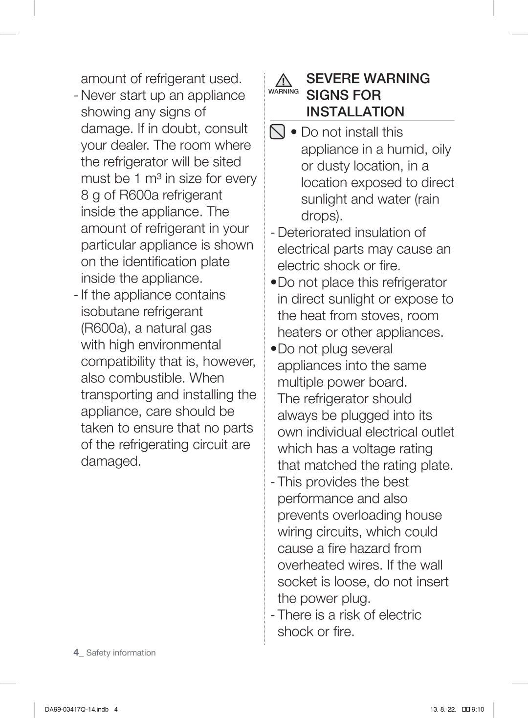 Samsung RL58GEGSW1/XEF, RL58GPGIH1/XEF, RL60GEGIH1/XEF, RL58GEGIH1/XEF manual Severe Warning Warning Signs for Installation 